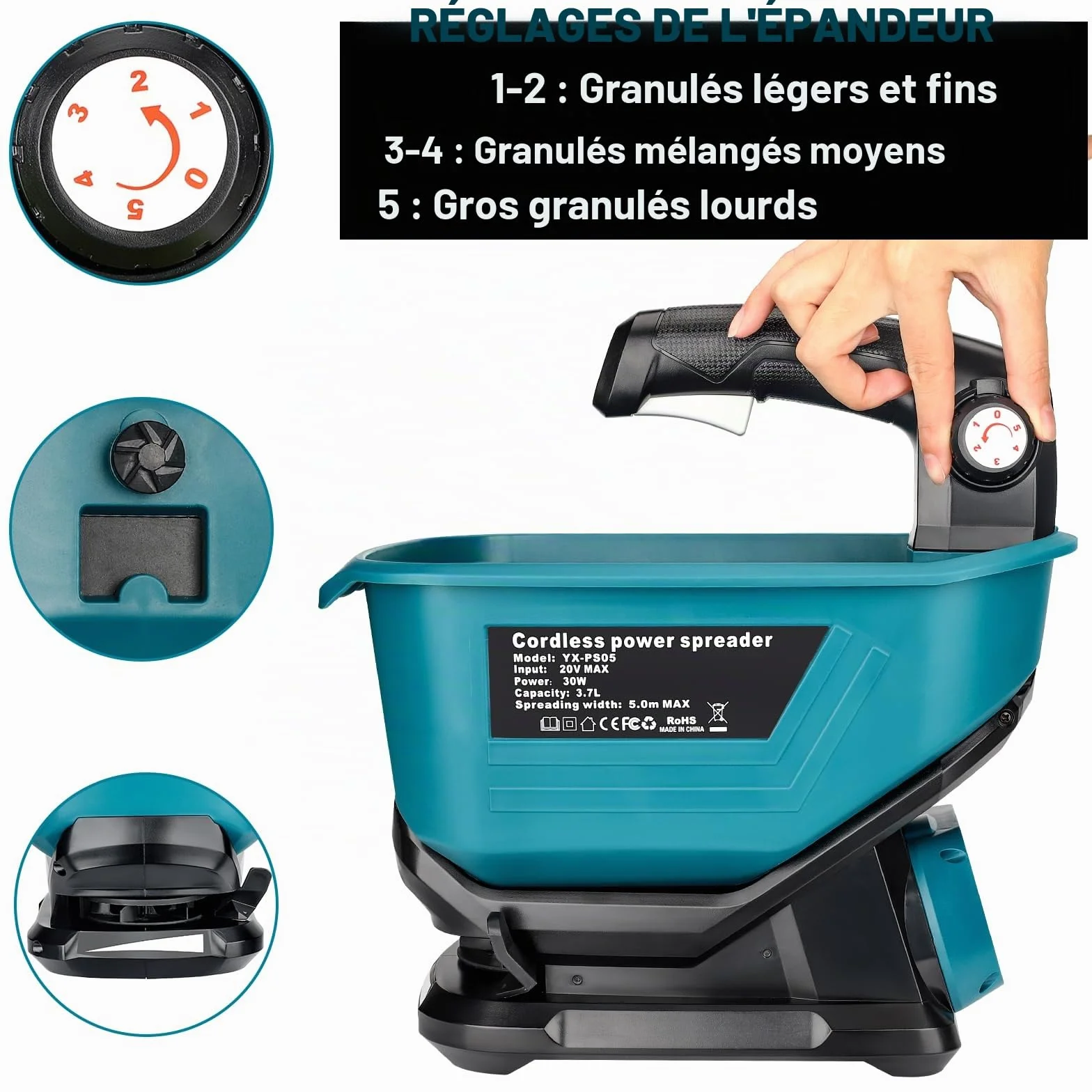 YEX-BUR Épandeur d'engrais portable pour batterie au lithium Makita 18 V, épandeur manuel avec réglage de la vitesse de rotation à 5 niveaux, 3,7 l, couvre jusqu'à 743 m² (sans batterie)