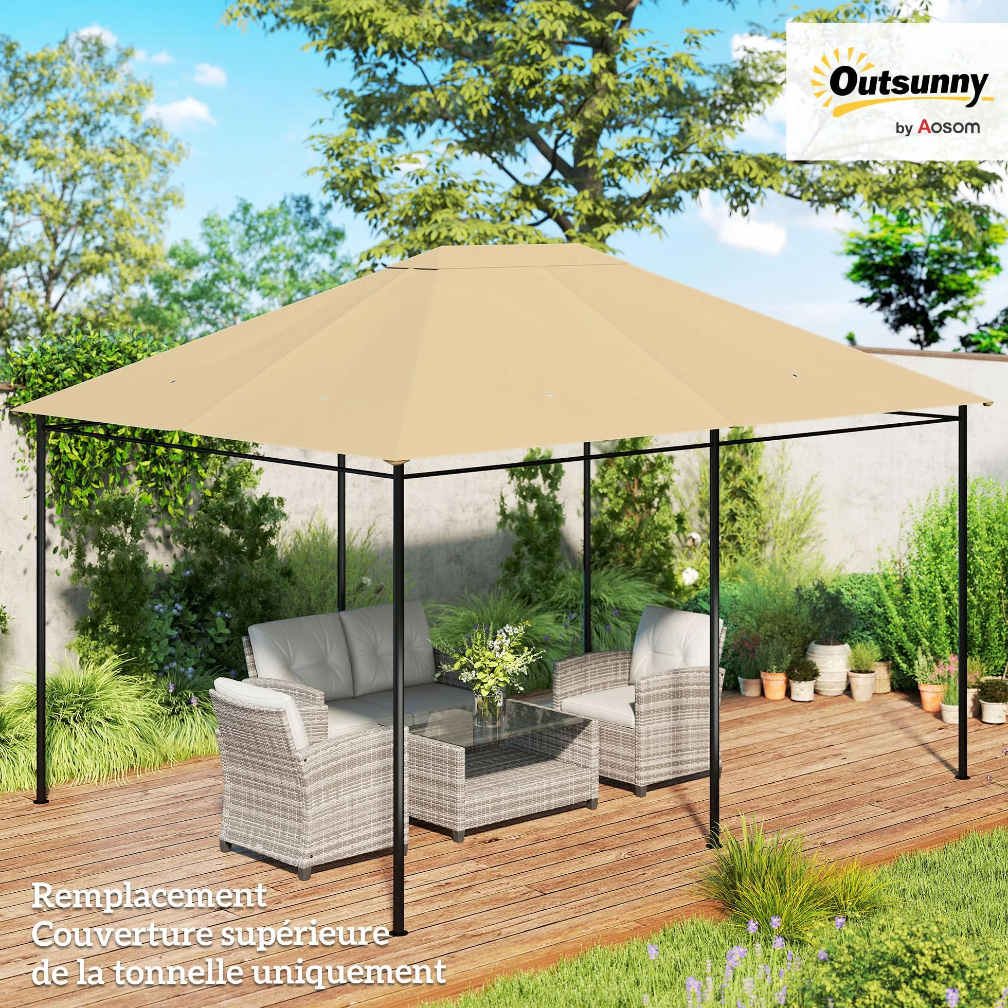Outsunny Toile de Remplacement pour Tonnelle Gazebo Jardin Polyester Haute densité 180 g/m² Anti-UV 3 x 4 m Kaki