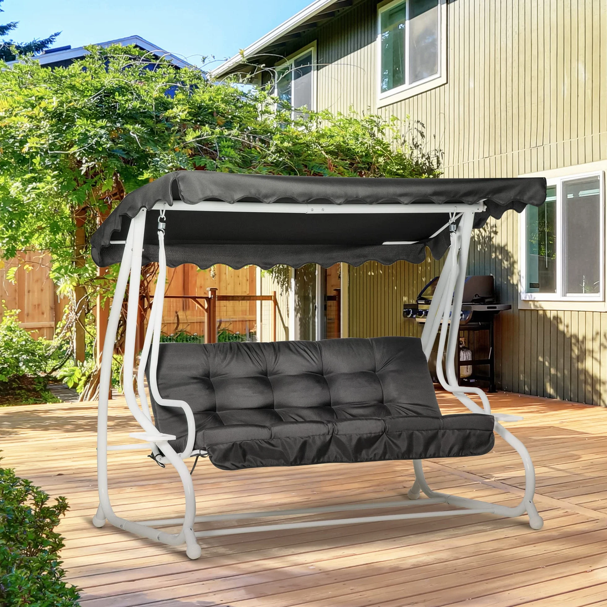 Outsunny Balancelle de Jardin 2 Places Convertible Toit Inclinaison réglable Coussin Métal Polyester Noir