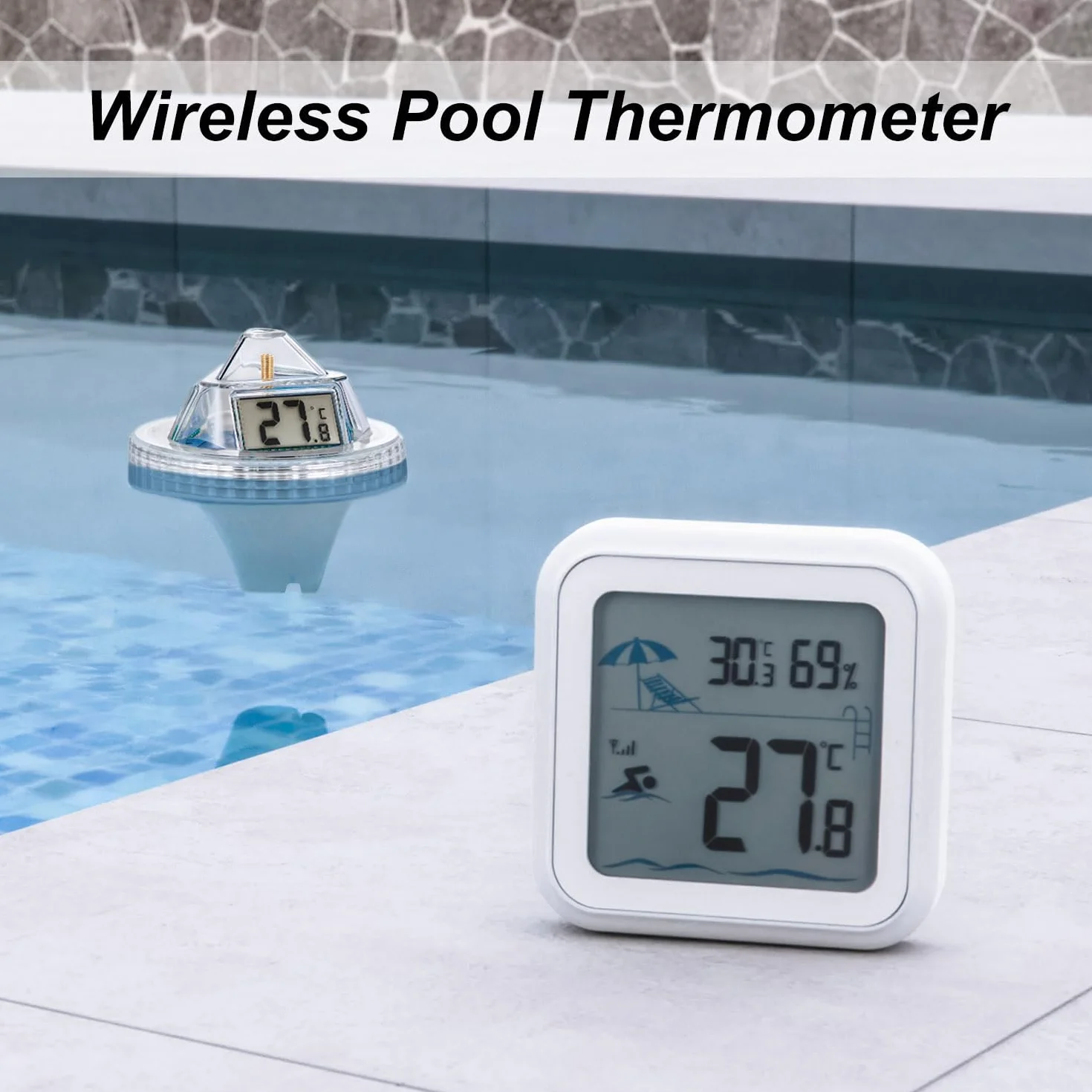 Thermomètre Flottant sans Fil pour Piscine Triple Écrans LCD Moniteur Température Eau Extérieure