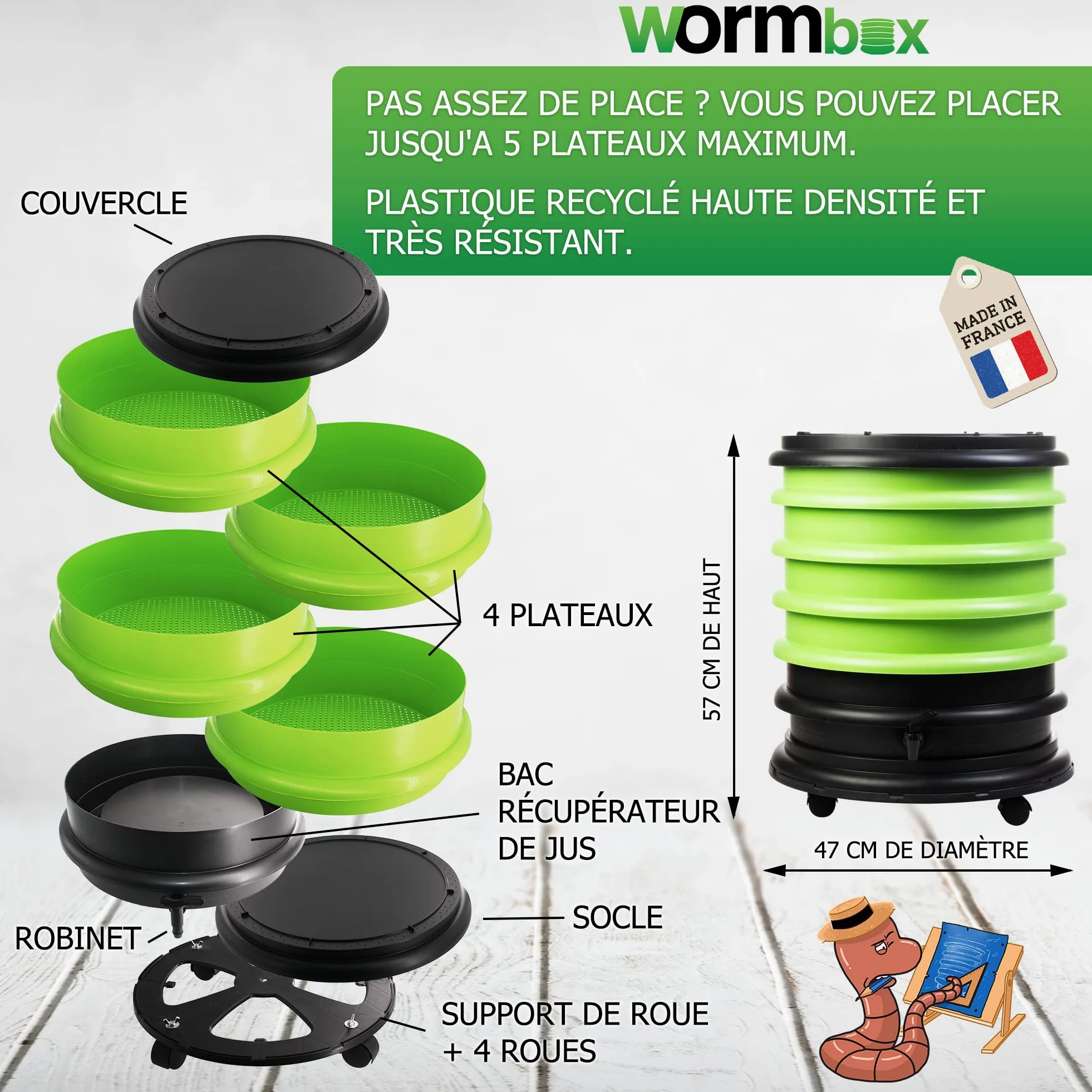 WORMbox | Lombricomposteur 4 Plateaux Noir + 500gr de vers de Compost + 1 Bloc Coco | 64 litres | Compostez Vos déchets organiques, Les vers de Terre/lombrics produisent du lombricompost