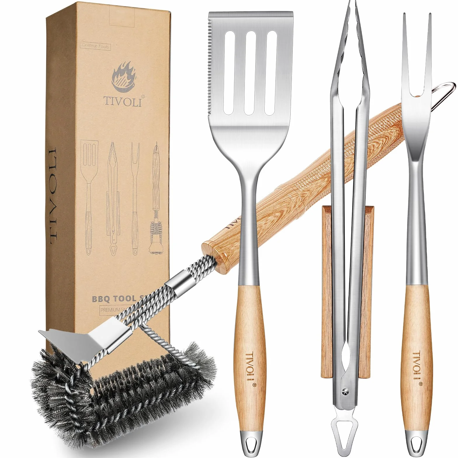 TIVOLI Lot de 4 ustensiles de barbecue en acier inoxydable avec poignées en bois