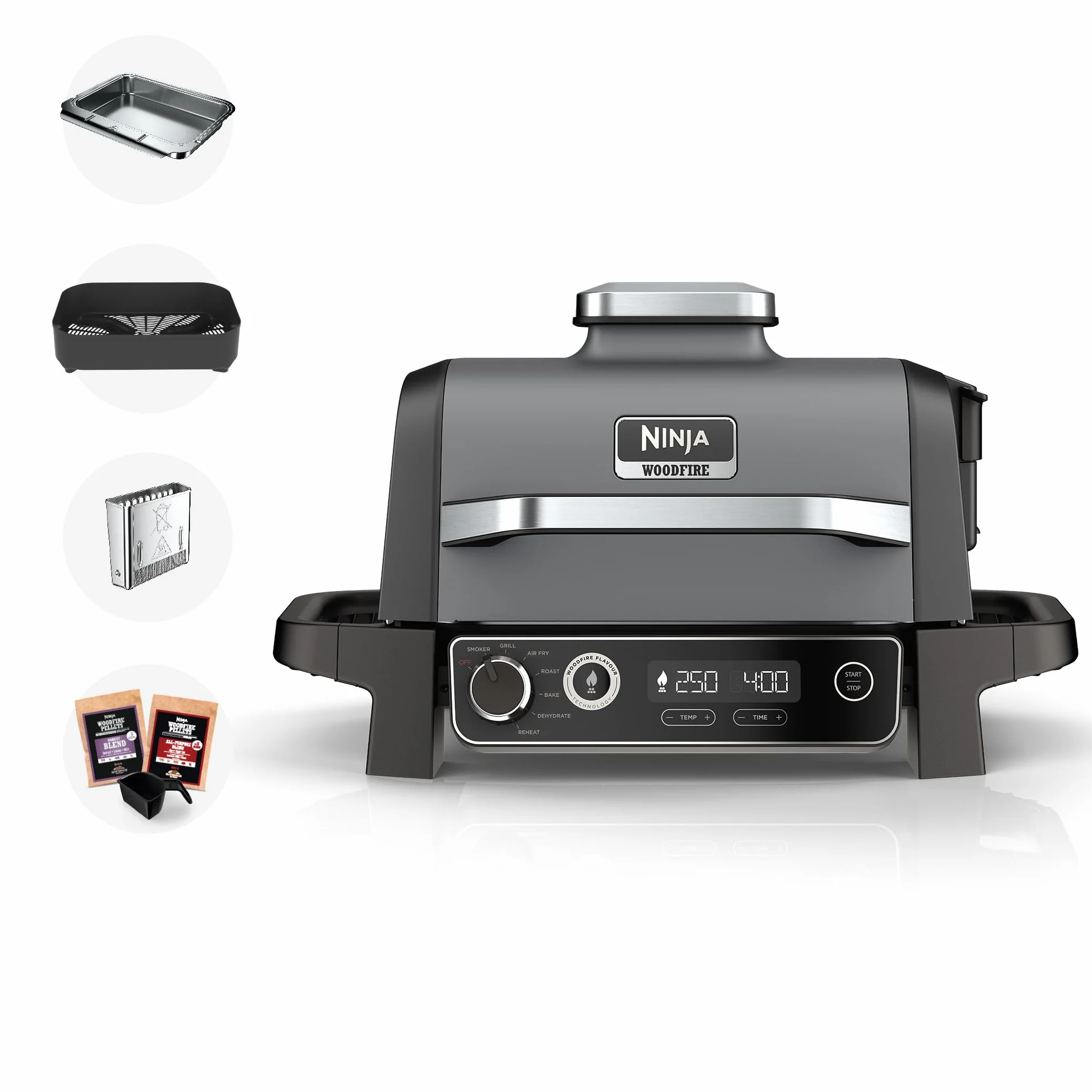 Ninja Woodfire Electric BBQ Grill & Smoker, 7-in-1 Outdoor Barbecue Grill & Air Fryer, Roast, Bake, Dehydrate, Uses Woodfire Pellets, Non-Stick, Portable, Gift for her / him, Grey/Black, OG701UK