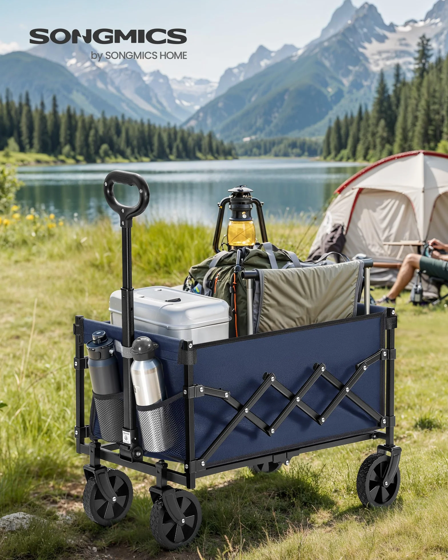 SONGMICS Chariot de Transport Pliable, Compact, 4 Roues Renforcées, Charge 180 kg, 90 L, Bleu Minuit