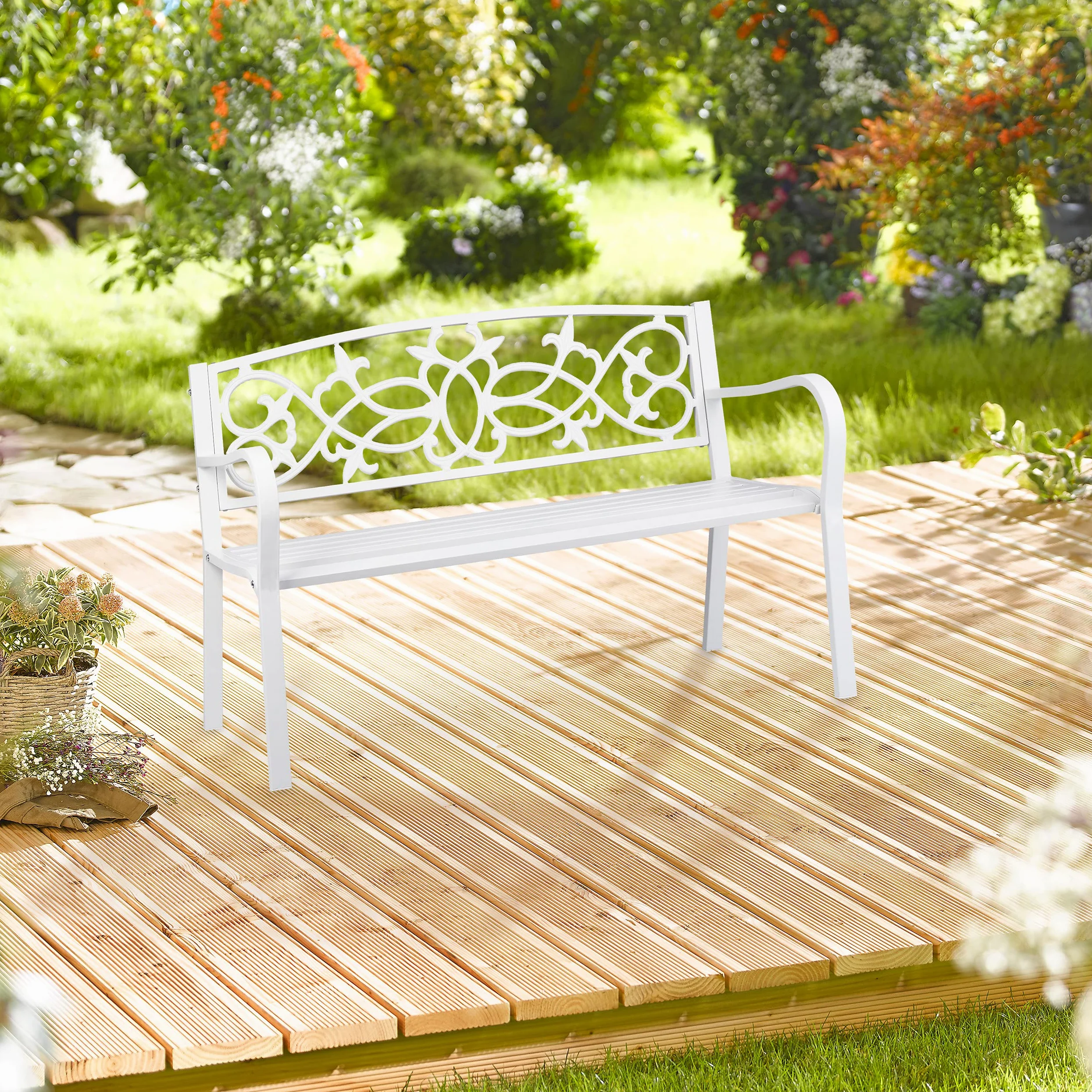 Relaxdays Banc de Jardin, nostalgique, 2 Places, résistant aux intempéries, Fonte et Acier, HLP: 78x124,5x58 cm, Blanc