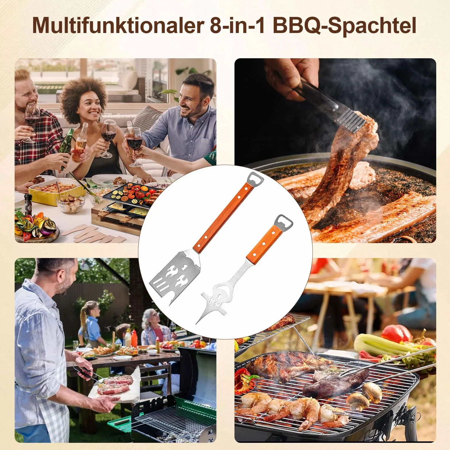 Set Ustensiles Barbecue 8 en 1, Spatule 42 cm et Fourchette 33 cm, Acier Inoxydable, Bois, Décapsuleur