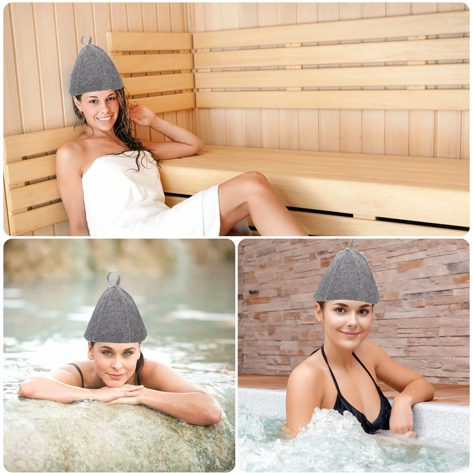 Bonnet de Sauna en Feutre Gris 3 Pièces pour Femmes et Hommes
