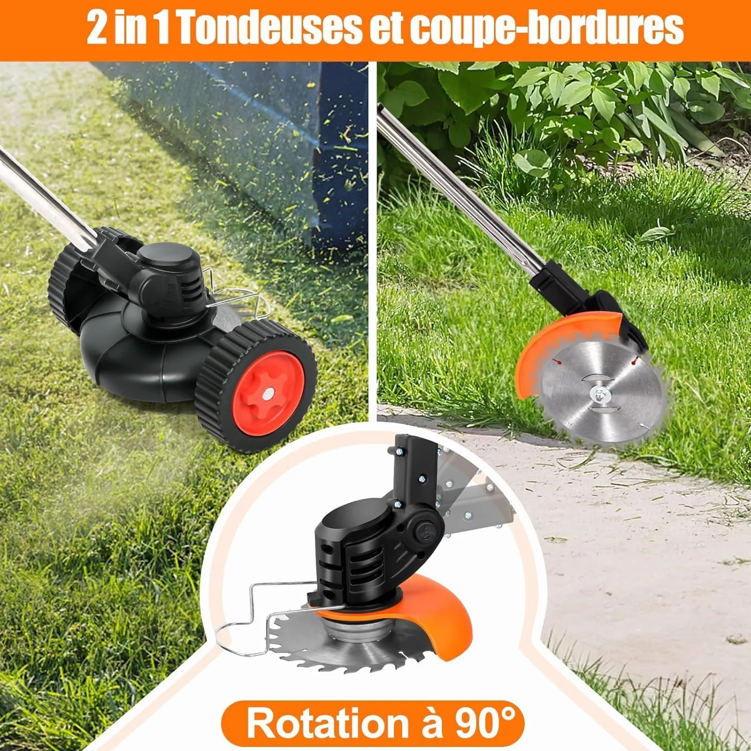 Debroussailleuse Electrique sans Fil 21V Coupe Bordure avec 2 Batteries et Lames Roues Légère Faible Bruit Jardin Pelouses Arbustes