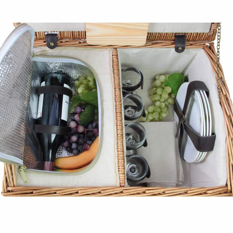 Les Jardins de la Comtesse - Panier Picnic Gisors en Osier Couleur Miel - 4 Personnes/Compartiment Isotherme et Assiettes en Céramique - Verres à Vin en Verre - Tissu Couleur Crème - 48 x 36 x 27 cm