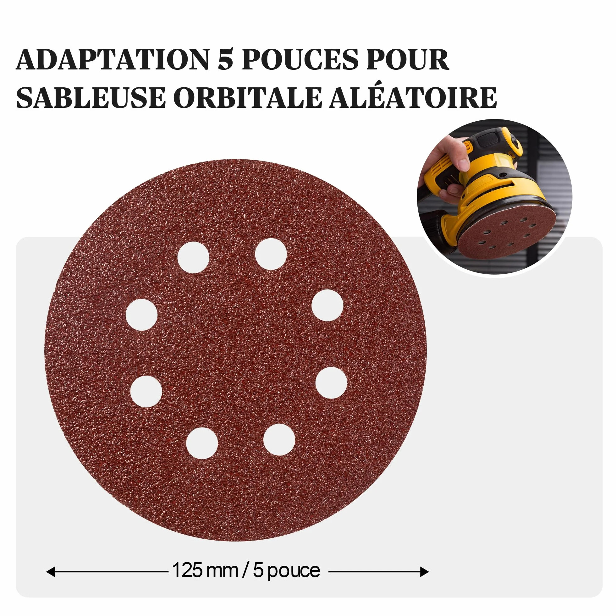 Disque Abrasif 125mm 8 Trous Grain 40 110 Pièces pour Ponceuse Excentrique