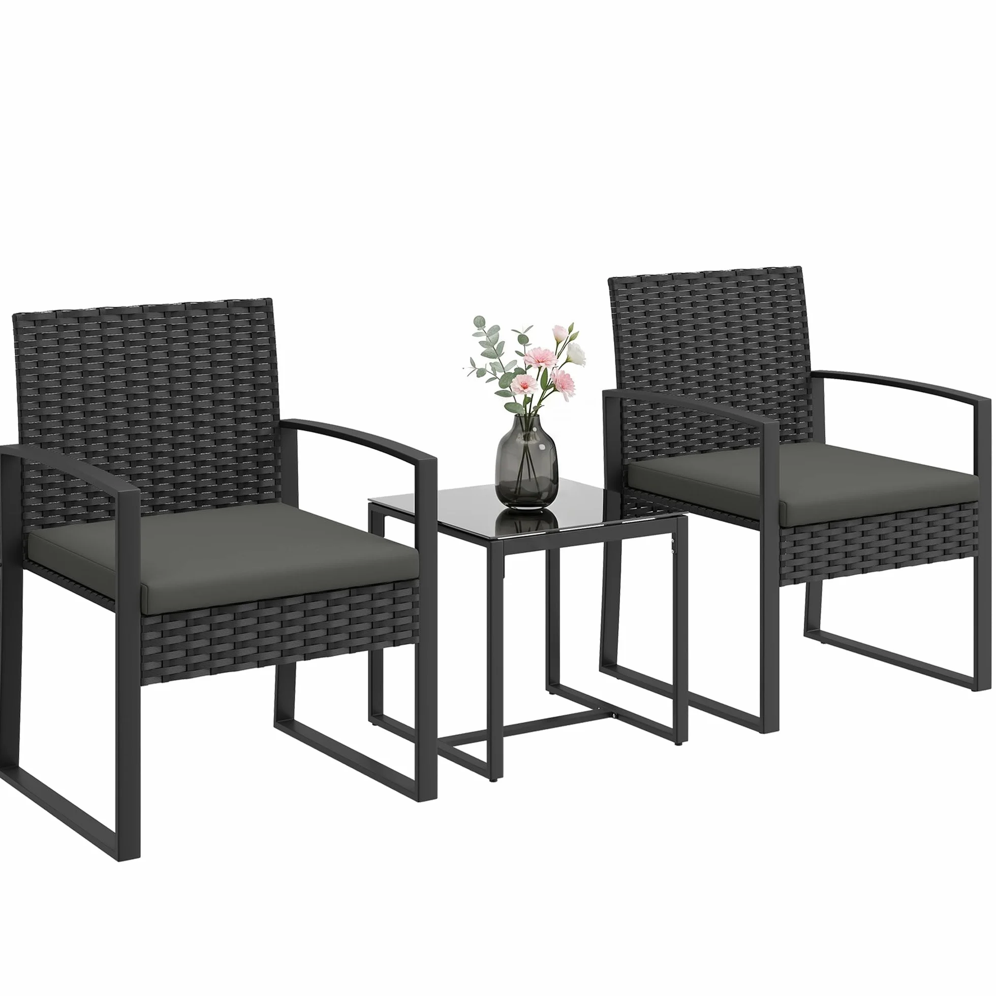Outsunny Salon de Jardin 2 Personnes Table avec Chaises Résine Tressée Verre Trempé Coussins Noir