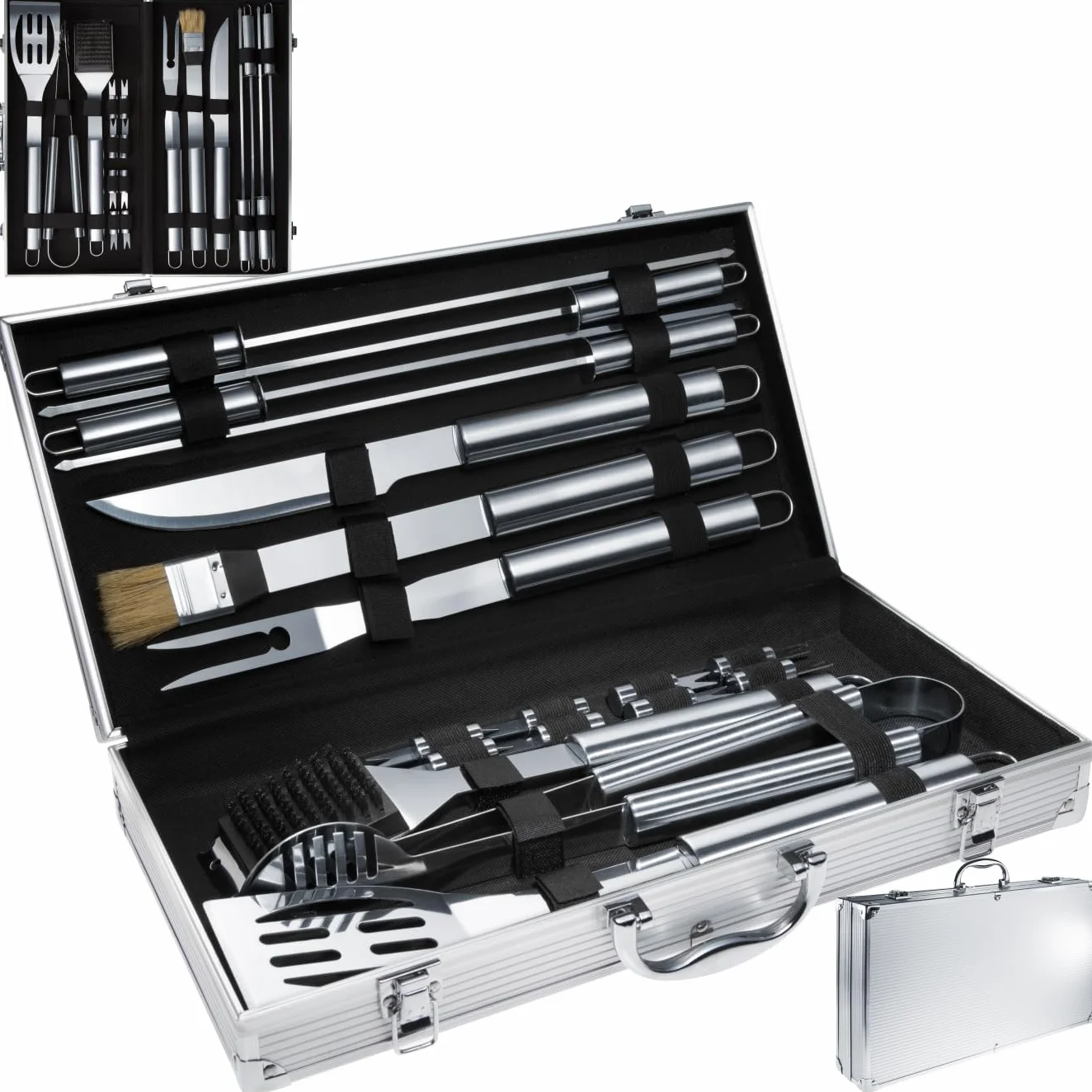 Malette Accessoires Barbecue 18 pièces Acier Inoxydable Coffret Aluminium Kit Grill Plancha Brasero BBQ Ustensiles