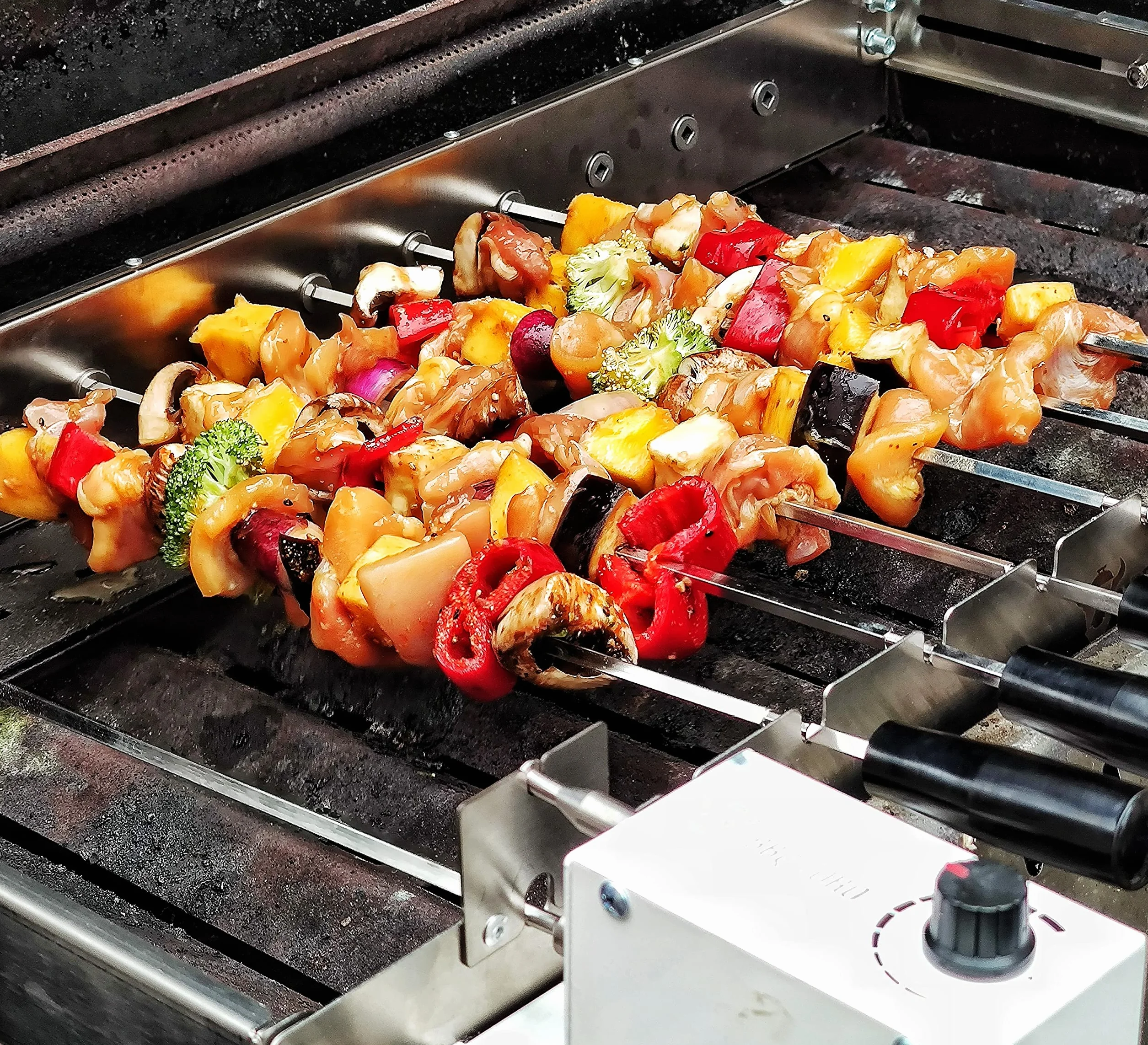 BBQ-Toro Tournebroche électrique - En acier inoxydable - Avec 9 brochettes et moteur - Taille réglable 56 x 26-40 cm - Prise d'alimentation et USB - Chachlyk Mangal - Broche pour rôtisserie