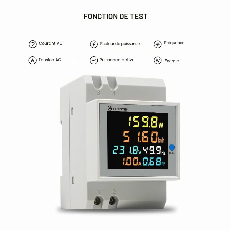 KETOTEK Compteur d'énergie numérique monophasé AC40-300V 100A DIN Rail Type CT