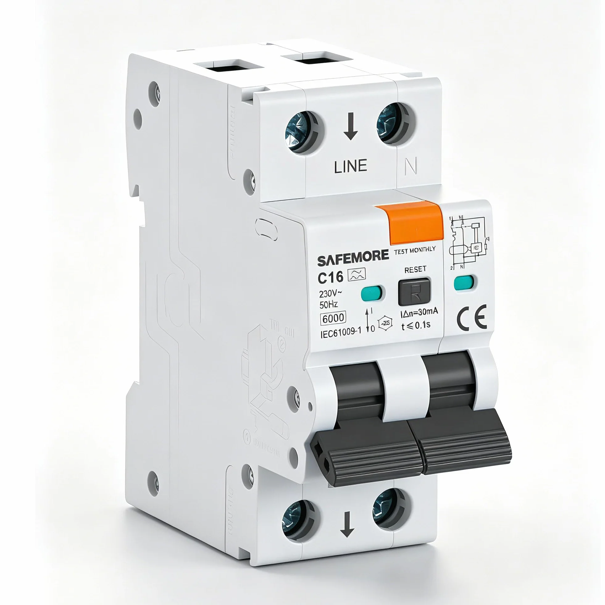 Disjoncteur différentiel RCBO SAFEMORE 1P+N 16A 30mA type A 6kA courbe C montage rail DIN