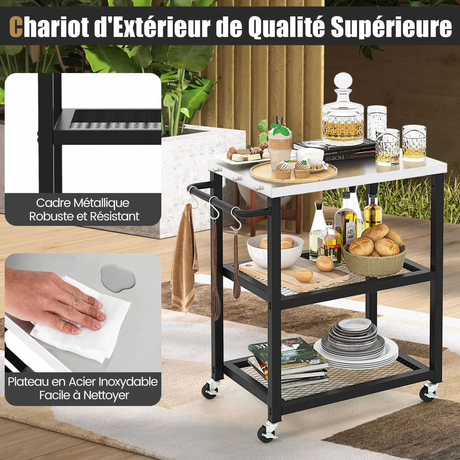 COSTWAY Chariot de Service d'Extérieur 3 Étagères, Desserte de Jardin Acier Inoxydable 3 Crochets, Table de Four à Pizza Mobile 72,5 x 41 x 81 cm