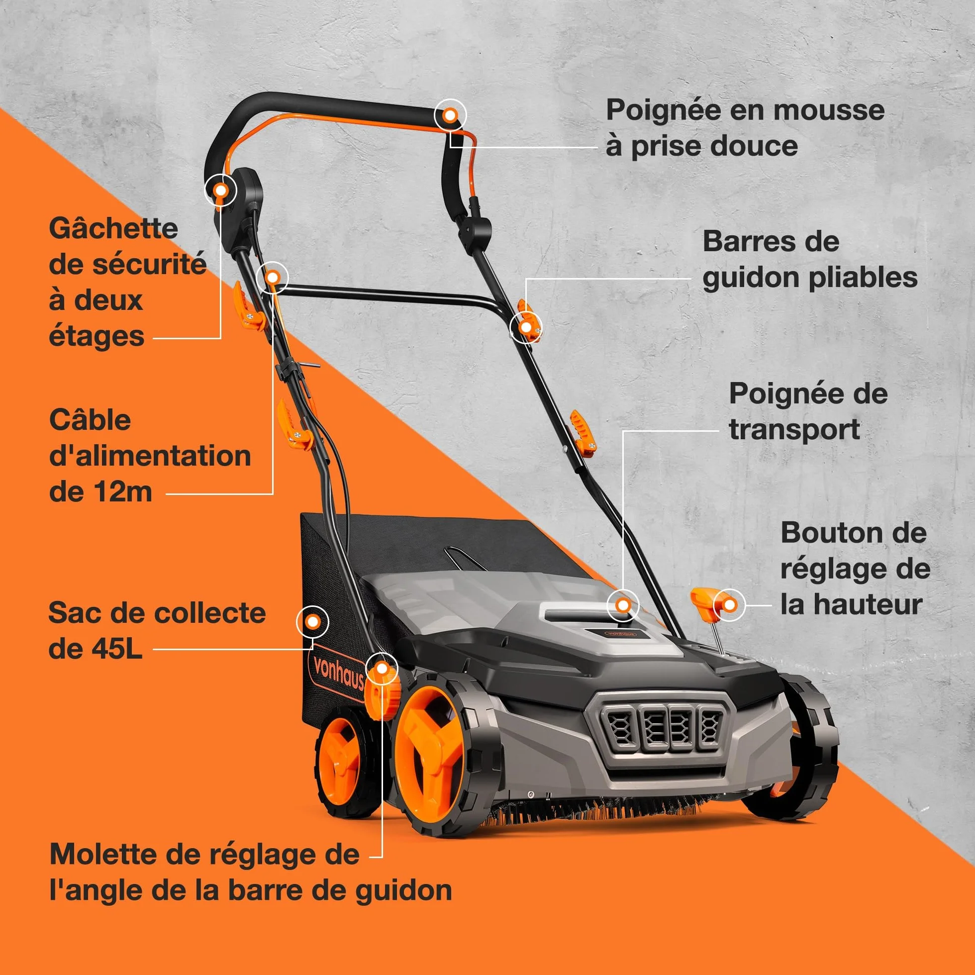 VonHaus Balayeuse Pelouse Artificielle 1800 W Électrique Sac 45 L 5 Hauteurs Réglables Largeur 380 mm