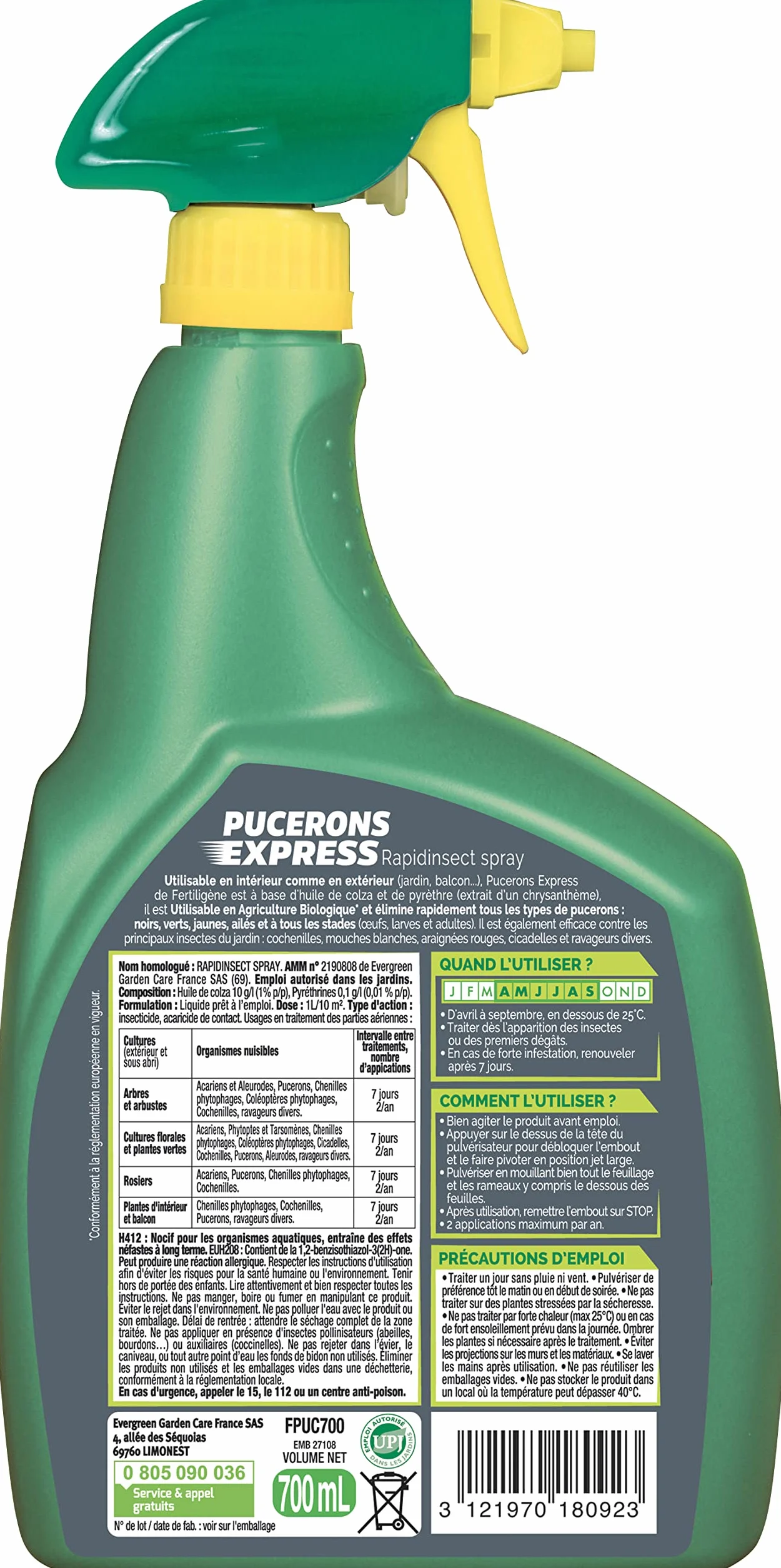 FERTILIGENE FPUC700 - Pulvérisateur Insecticide Pucerons Express Prêt à l'Emploi 700 ml - A base huile de colza et pyrètre (extrait de chrysanthème) - Pour pucerons, araignées rouges, cicadelles - 7m²