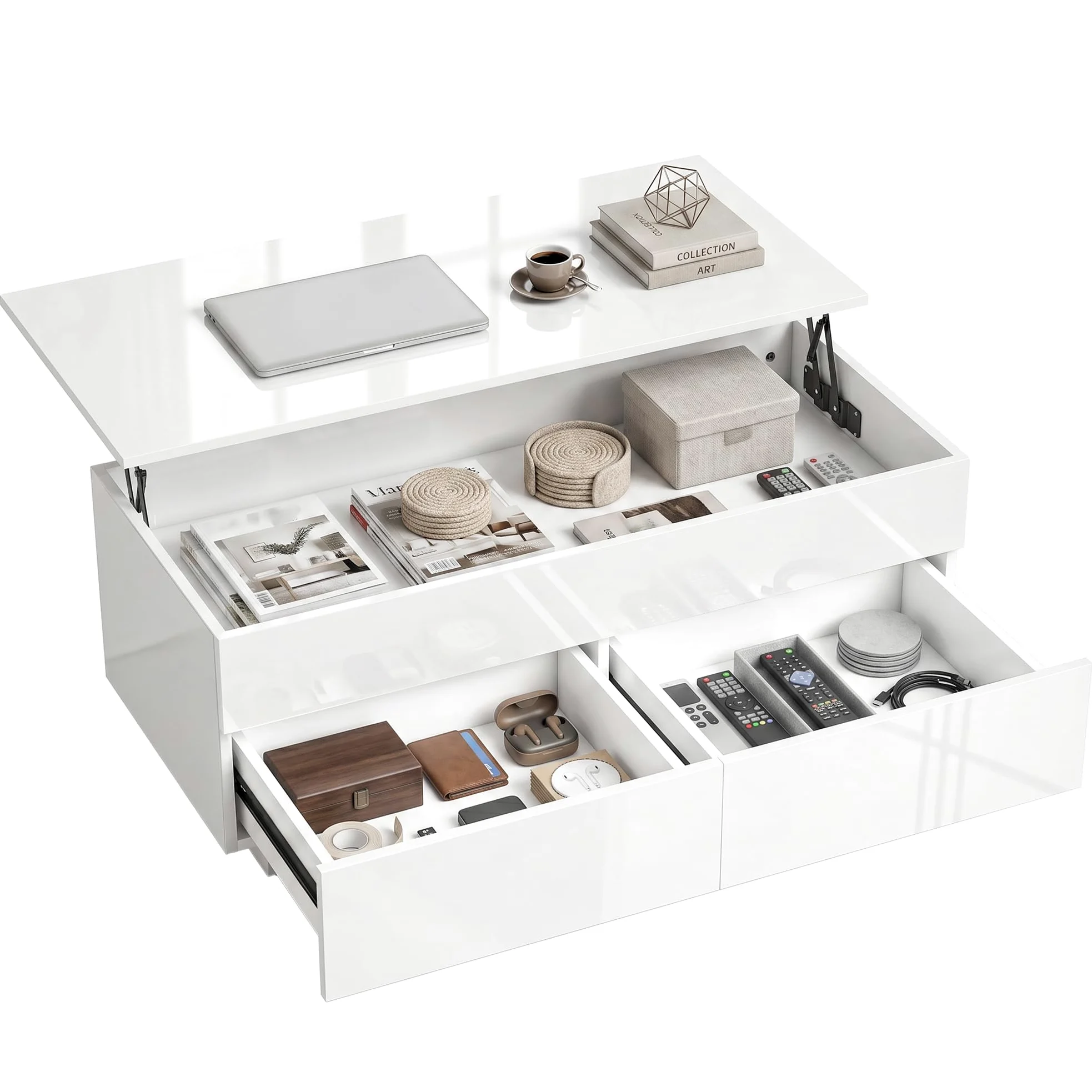 Table Basse HOMCOM réglable en Hauteur, Table de Salon avec Plateau relevable, 2 tiroirs et Espace de Rangement caché, Table Basse pour Salon, Blanc Brillant
