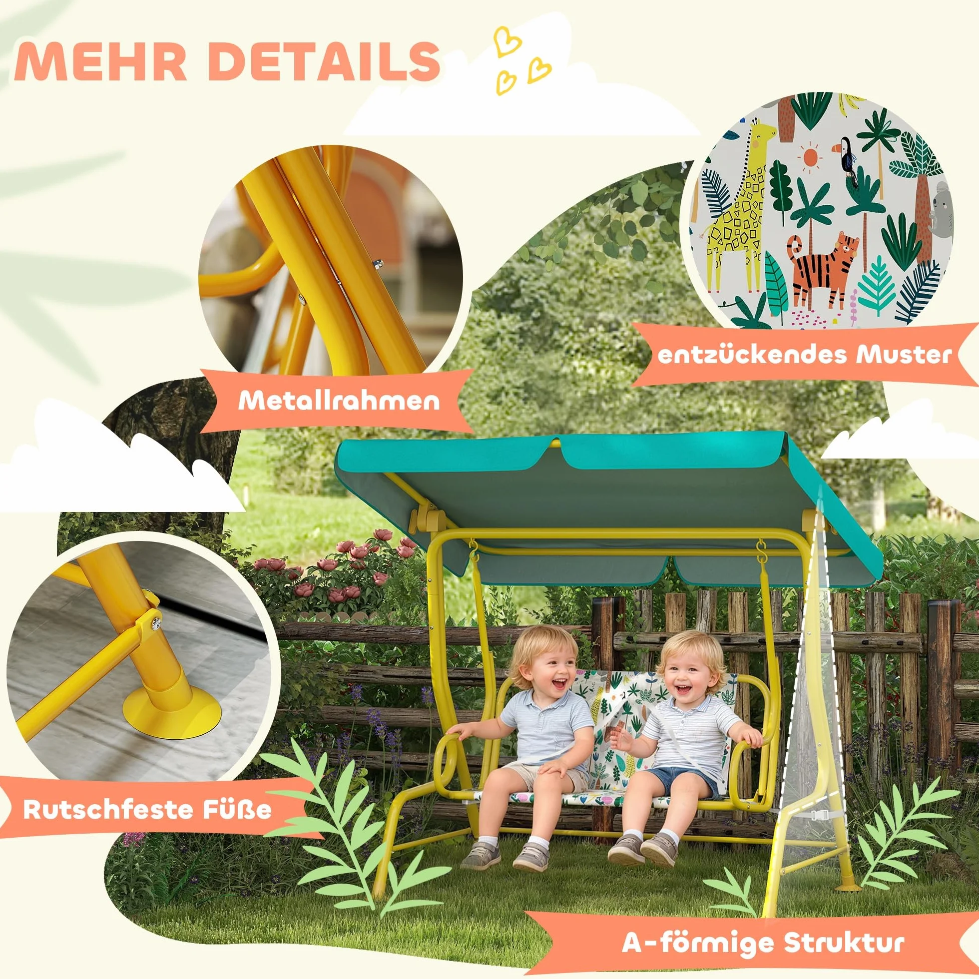 AIYAPLAY Balançoire Hollywood pour Enfants 2 Places avec Pare-Soleil réglable, Ceinture de sécurité, Banc de Jardin