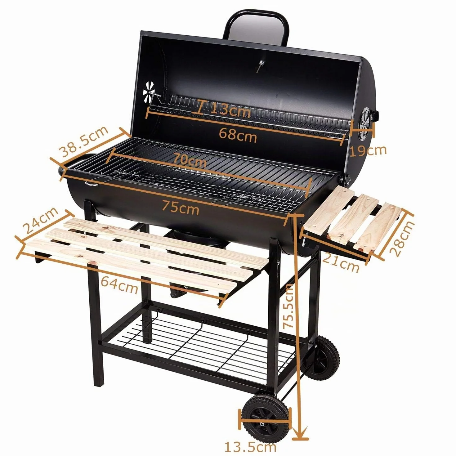 Barbecue à Charbon BBQ de Jardin avec 2 Etagères en Bois 101×70.5×94.5CM