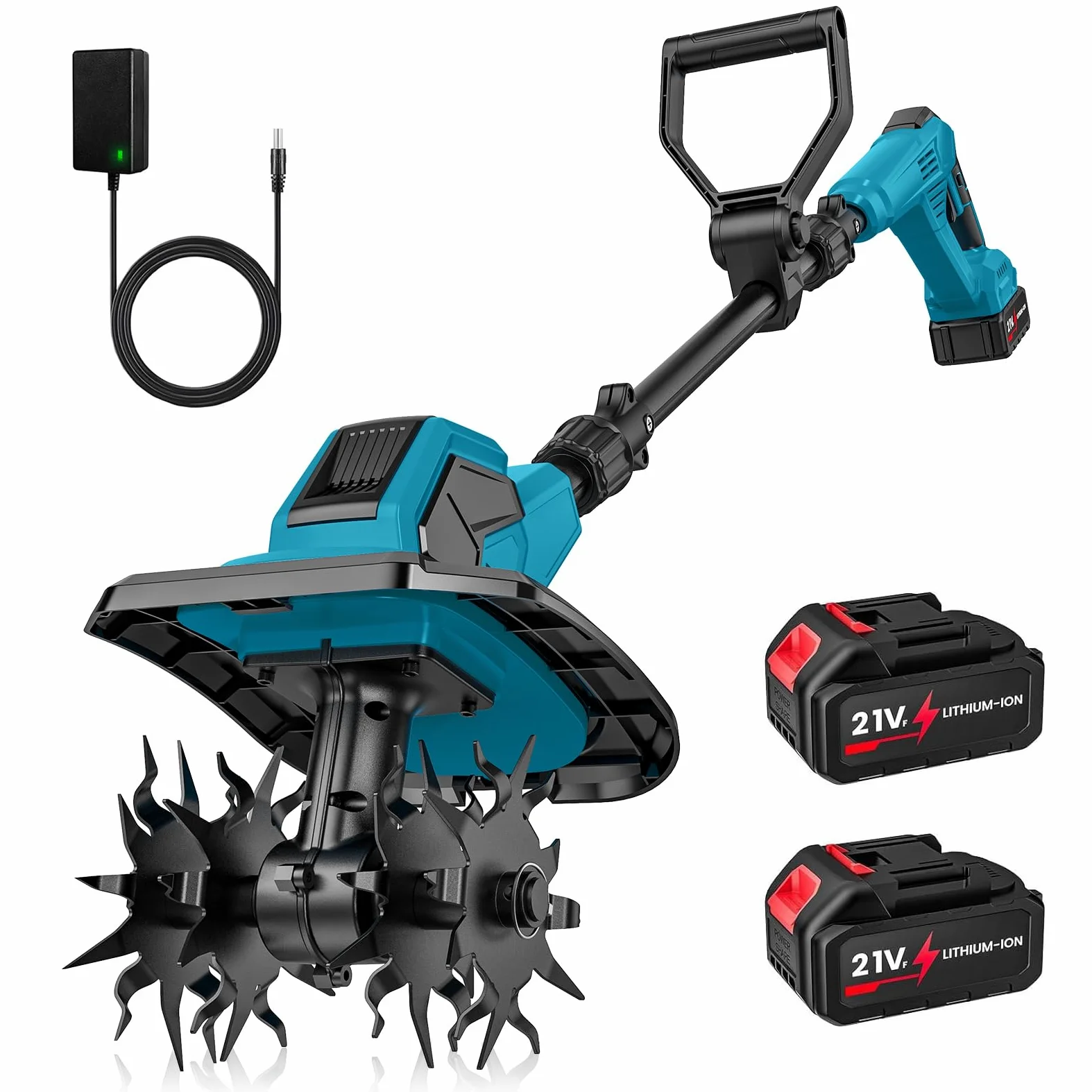 Motobineuse Electrique 21V, Motoculteur sans Fil 600 W avec 2 x 4,0 Ah Batteries, Largeur de Travail 17 cm, Profondeur de Travail 24 cm, 360 TR/Min, Motobineuse Électrique pour Le Jardin et la Cour