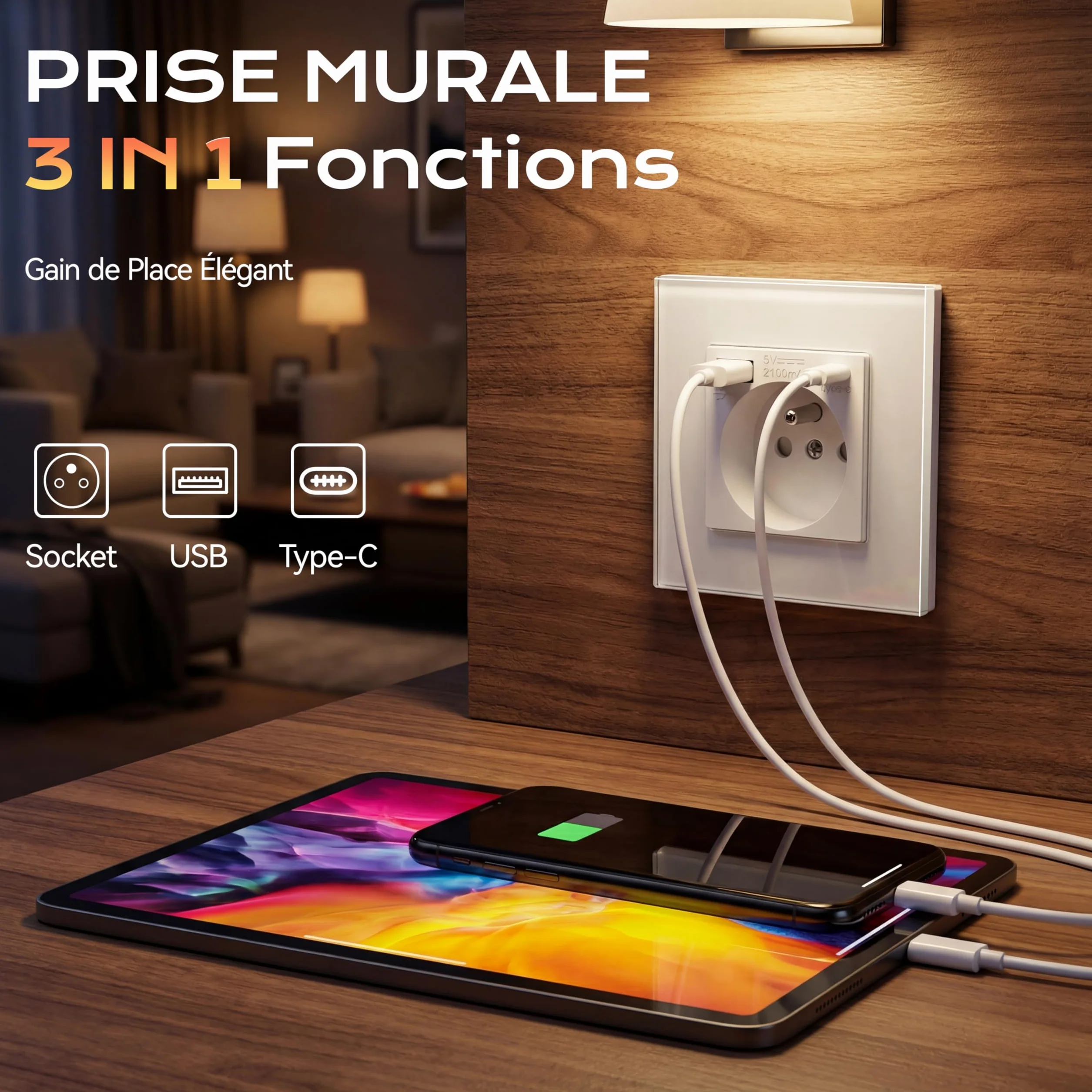 BSEED Prise Murale USB C 2 Paquets, Multiprise avec USB 2.1A 16A 240V 86mm Blanc