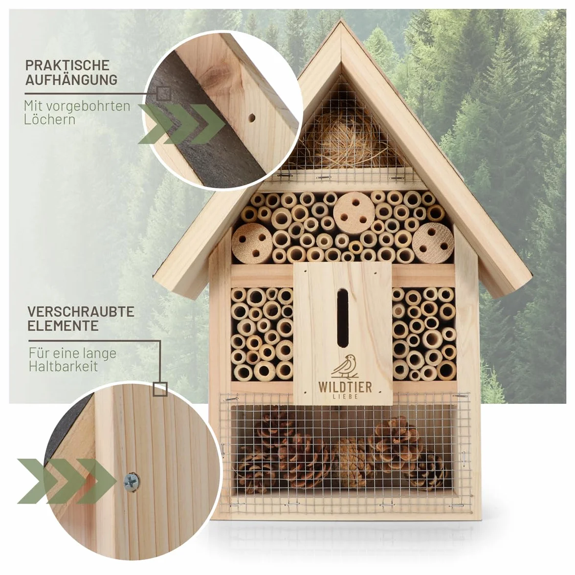 wildtier liebe Hôtel à insectes - Grand hôtel à abeilles non traité avec appât - En bois massif vissé - Maison à insectes pour abeilles, coccinelles et papillons