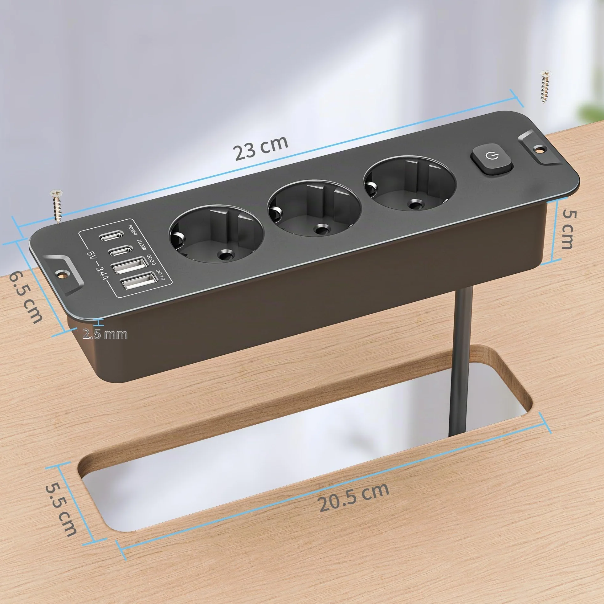 Prise encastrée USB 4 ports USB C PD 20W escamotable pour bureau armoire noir