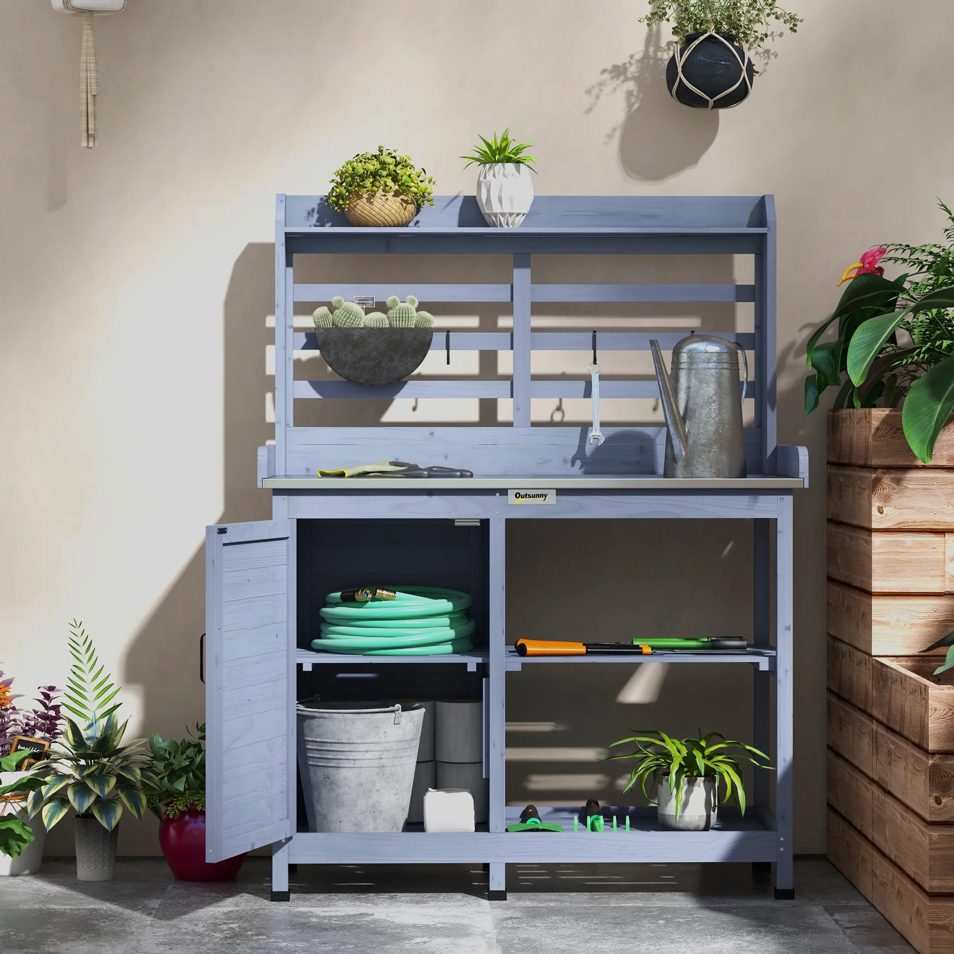 Outsunny Table de jardinage en bois avec armoire et étagères, 112 x 47 x 146cm, gris
