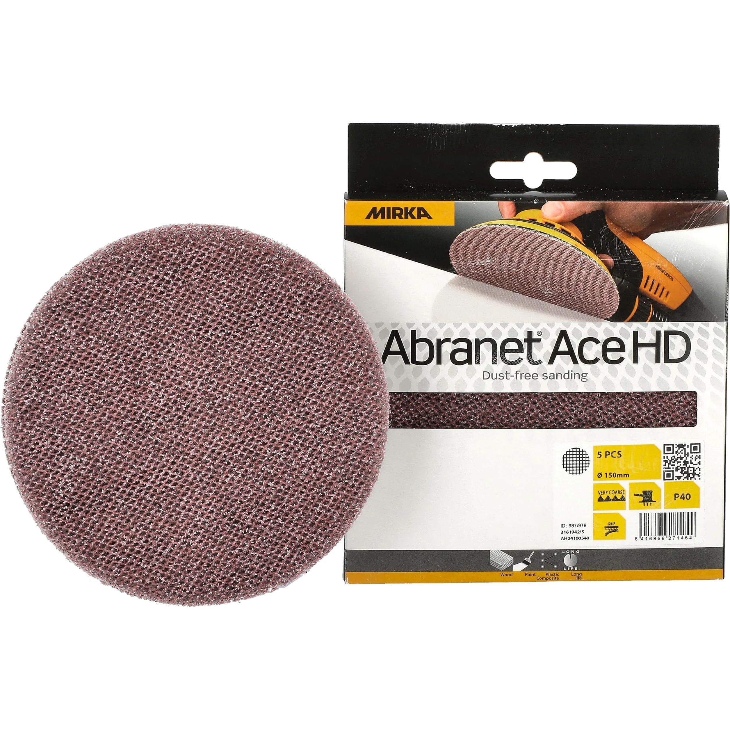 Mirka Abranet Ace HD Disques abrasifs filet Ø 150mm autoagrippant grain P40 5 pcs pour ponceuses excentriques