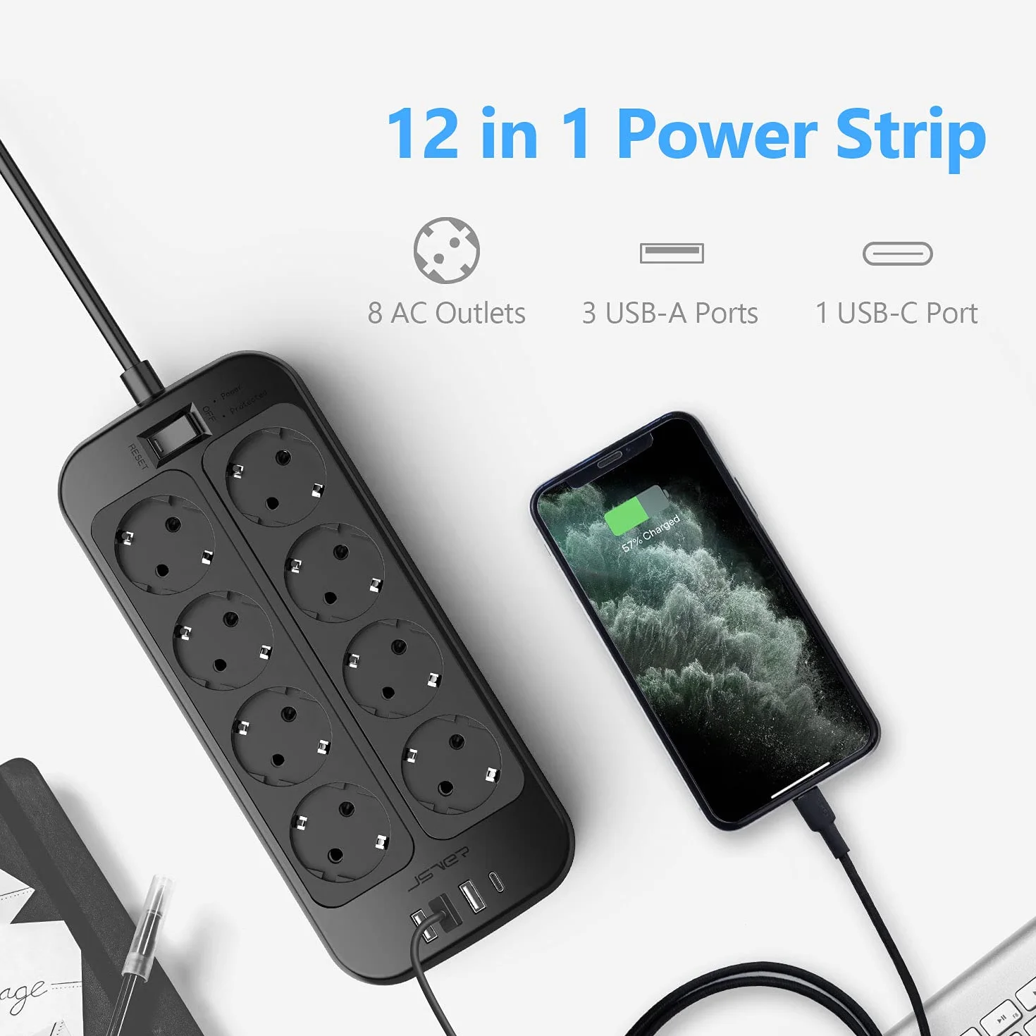 JSVER Multiprise 8 Prises USB C USB A Parasurtenseur Cordon 2m Noir
