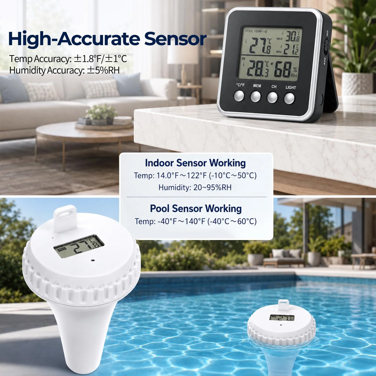Thermomètre de Piscine Sans Fil IPX8 150m Capteur Flottant Écran Rétroéclairé