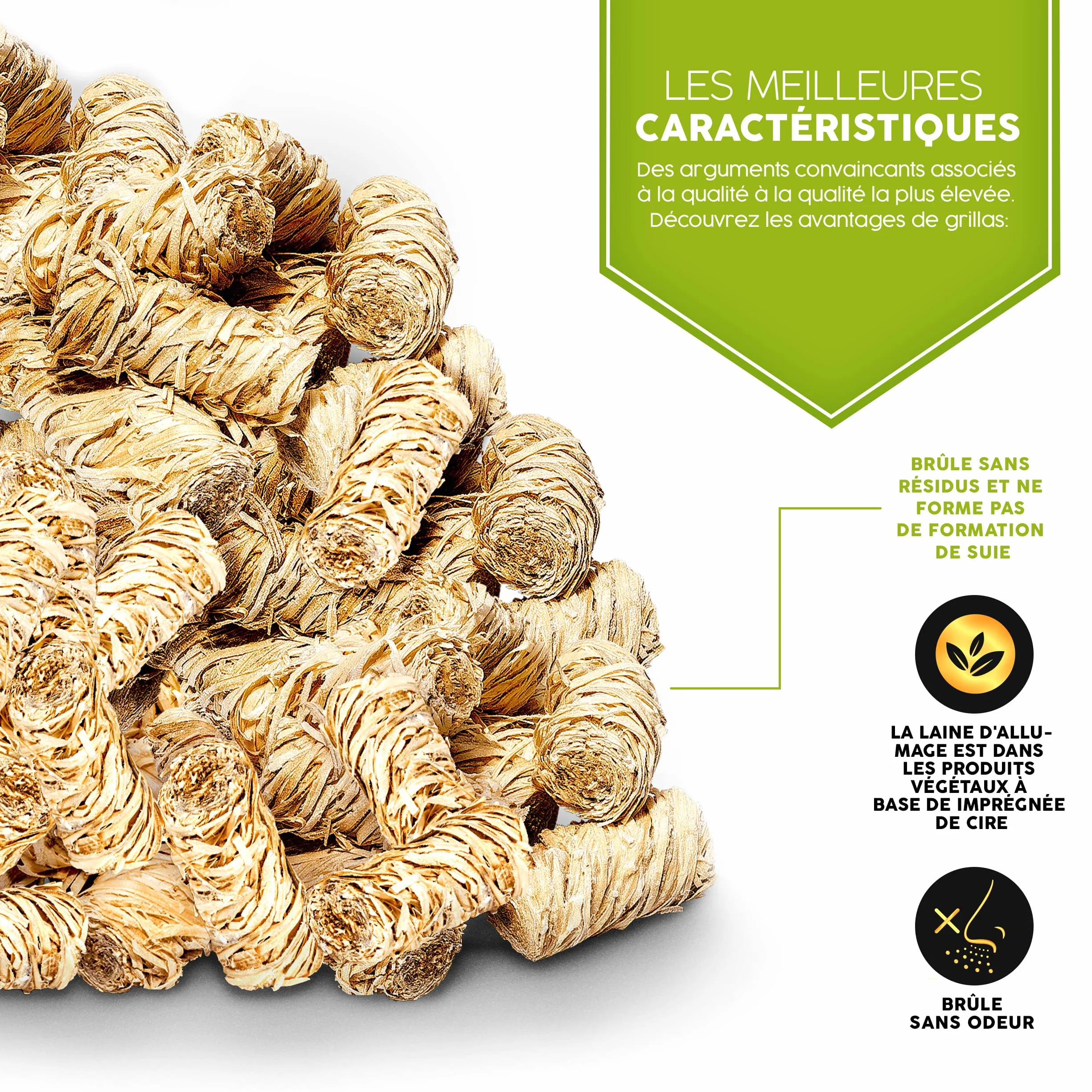Allume-feu Laine écologique 10 kg 800 pièces imprégné de Cire pour Grill Charbon