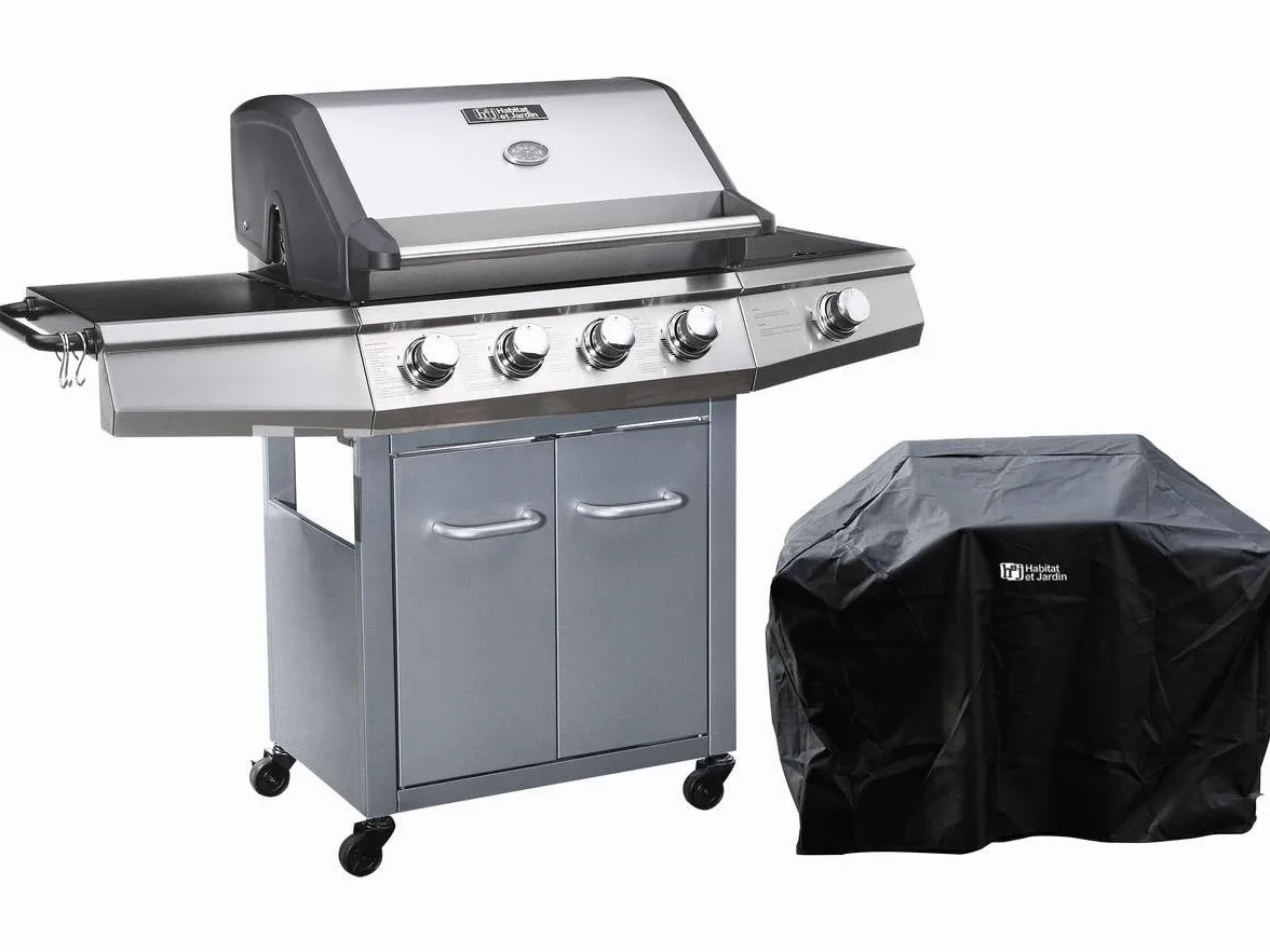 Habitat et Jardin Barbecue gaz avec LED Bingo 5, 5 Brûleurs Dont 1 Latéral, avec Housse Protection, 15.2 kW, Argenté ‎1351_93469