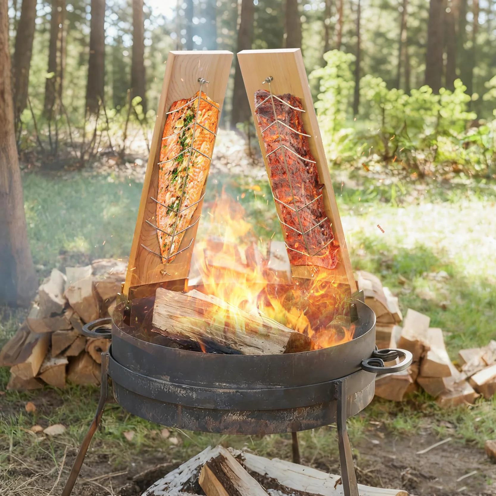 onlyfire Planche à Griller Saumon en Bois avec Support Réglable Acier Inoxydable pour Barbecue Extérieur, Double Face