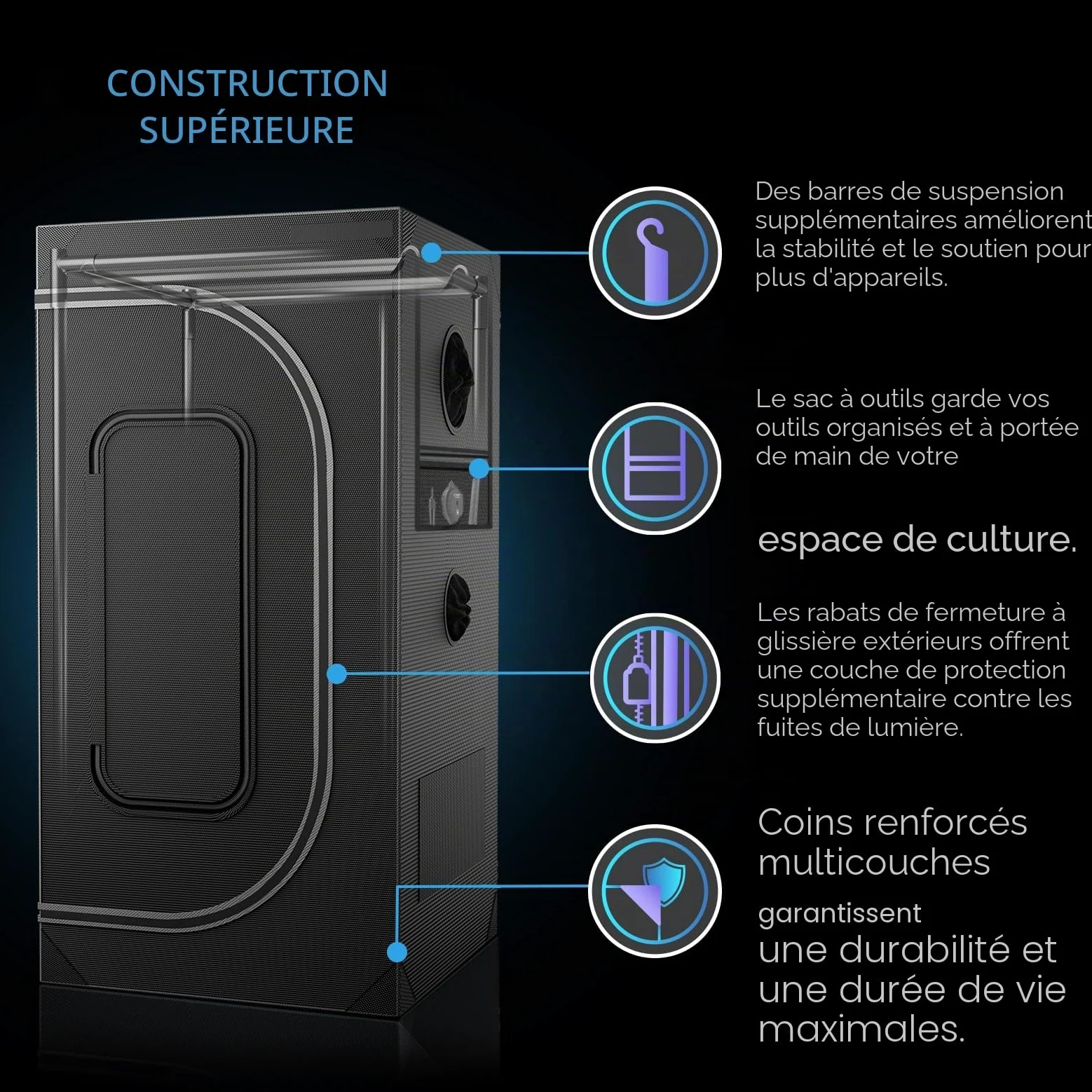 AC Infinity CLOUDLAB 733 Advance Grow Tent 3 x 3 pôles, 2000D Mylar Canvas, Lab-Tested plus haute réflectivité, plus grande fenêtre avec fermeture éclair, 36" x 36" x 72"