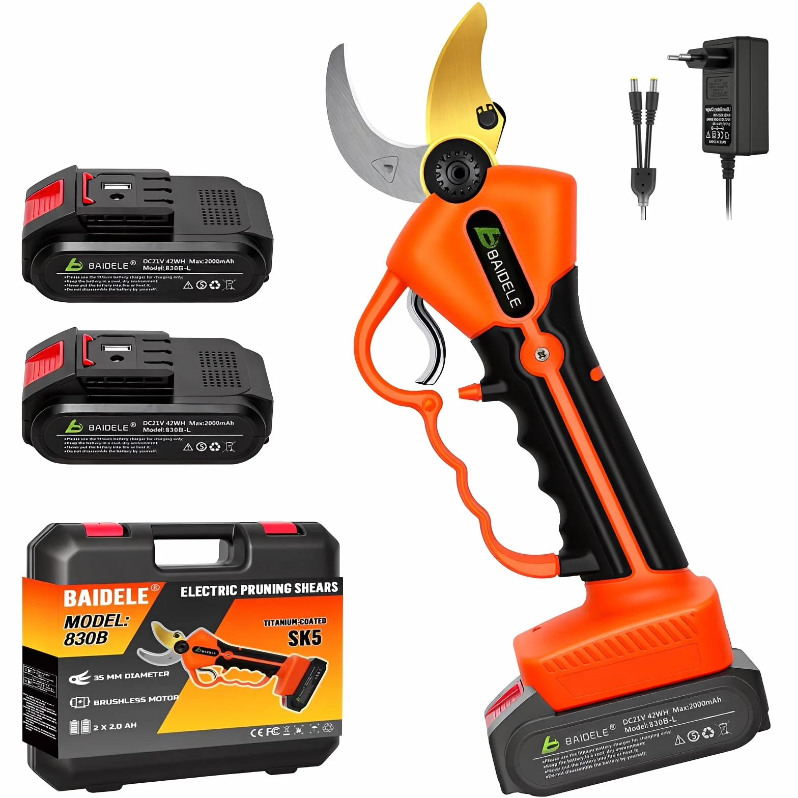 Secateur Electrique Sans Fil, 35mm Secateur a Batterie avec 2 x 2,0AH Batteries au Lithium, 8 Heures D'utilisation, Poignée Anti-Fatigue, Idéal Pour La Taille Des Jardins, Des Vergers et Des Vignobles