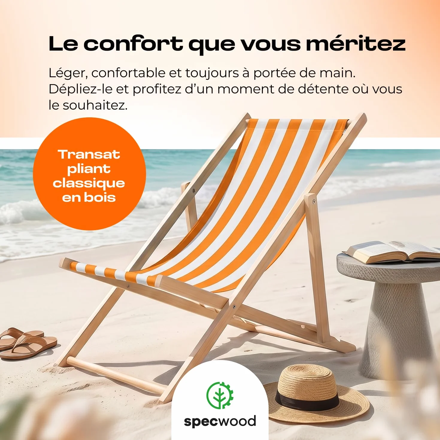 Chaise Longue Transat Jardin Pliable Bois Hêtre Réglable 3 Positions 120 kg Blanc & Orange