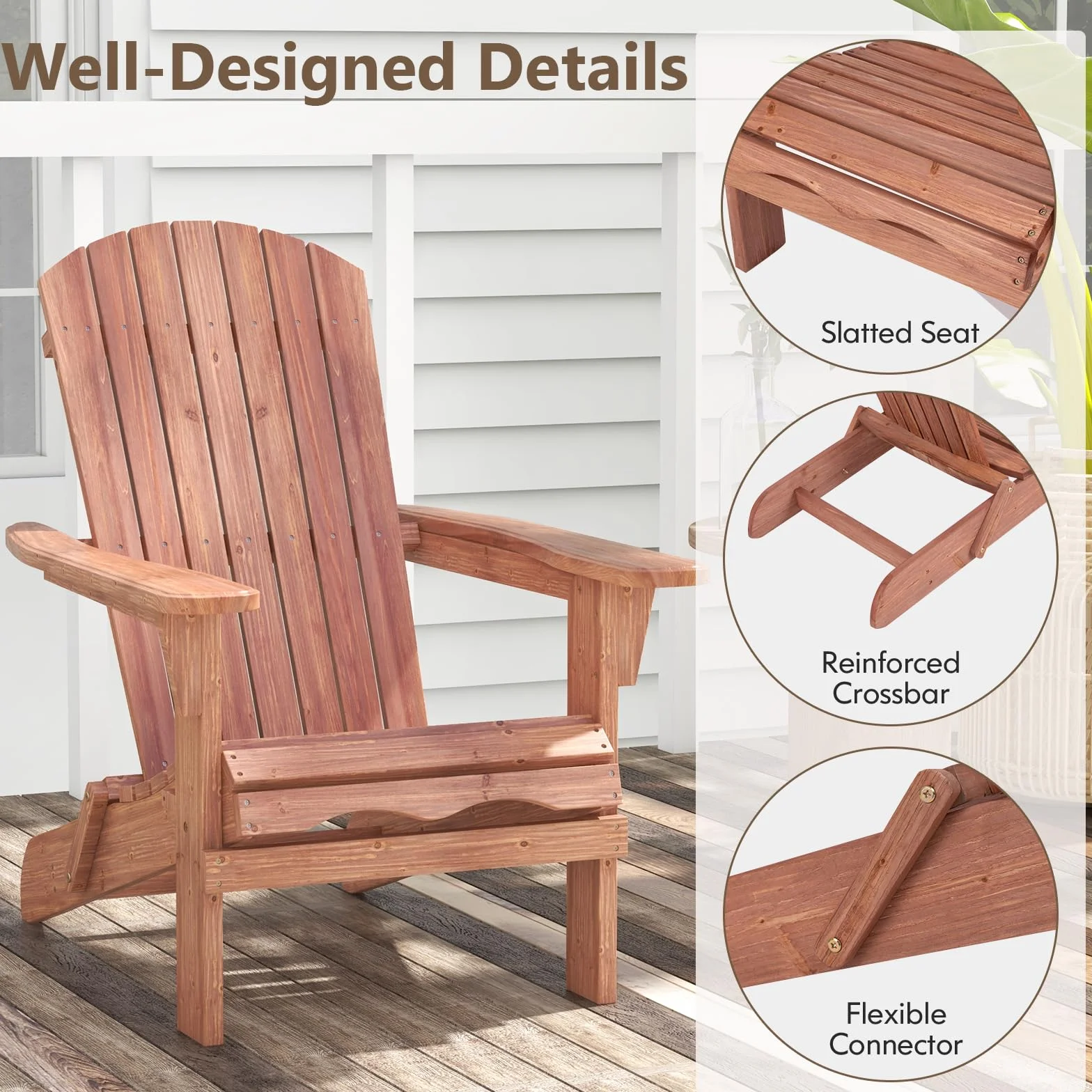 KOMFOTTEU Fauteuil Adirondack, Bois de Sapin, Chaise de Jardin Pliable, Charge de 180 kg, Design Ergonomique, Chaise de feu de Camp, Sièges en Terrasse avec Dossier et Accoudoirs (Lot de 1, Naturel)