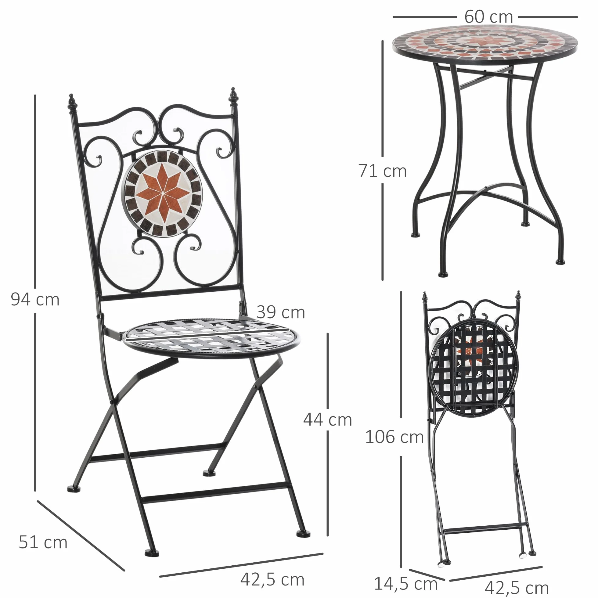 Outsunny Ensemble Bistro 2 Places 3 pièces Fer forgé Mosaïque céramique Motif Rose des Vents Chaises Pliables métal époxy Noir