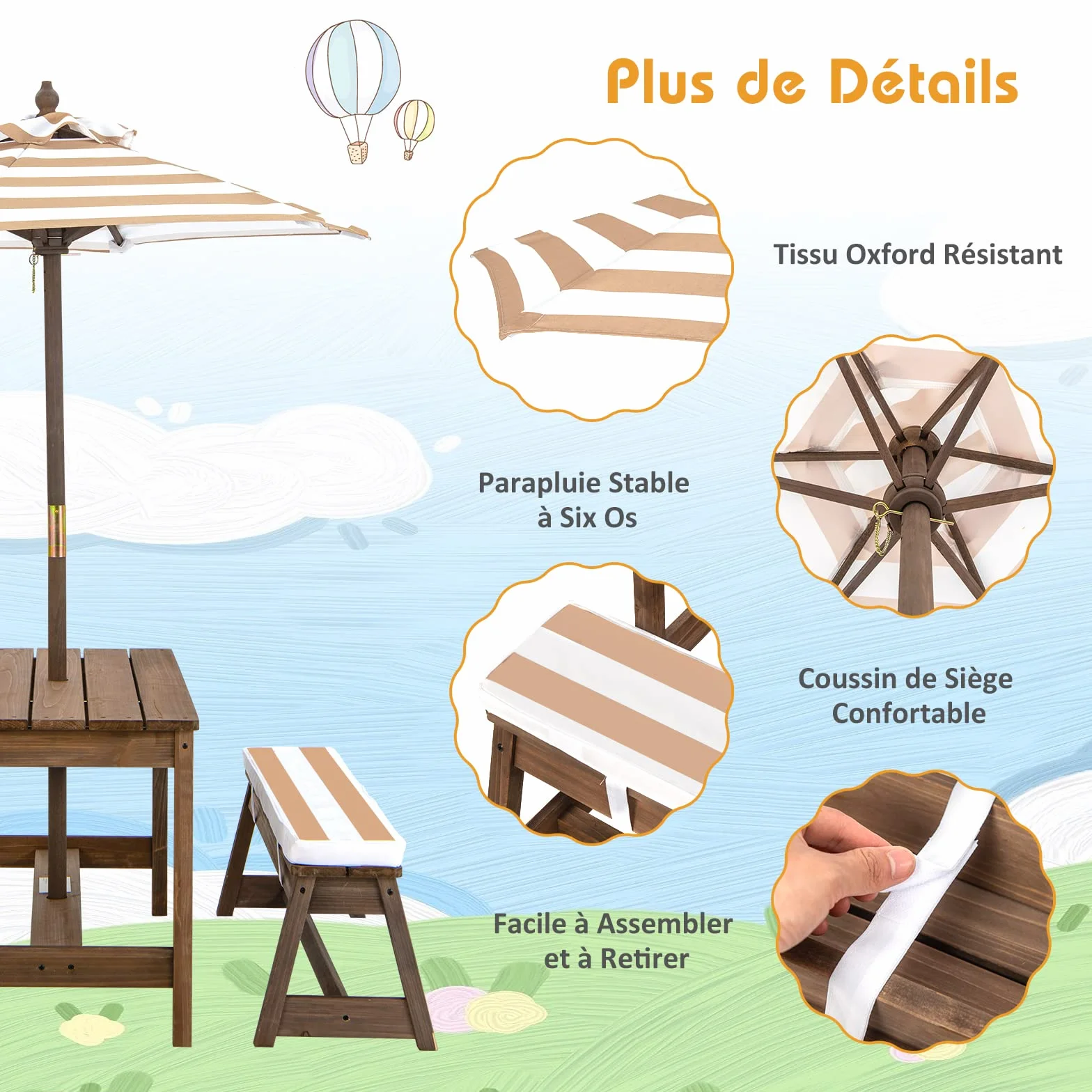 COSTWAY Table de Pique-Nique Enfants avec Parasol Réglable, Salon Jardin Bois Coussins, 89 x 44 x 50 cm Marron