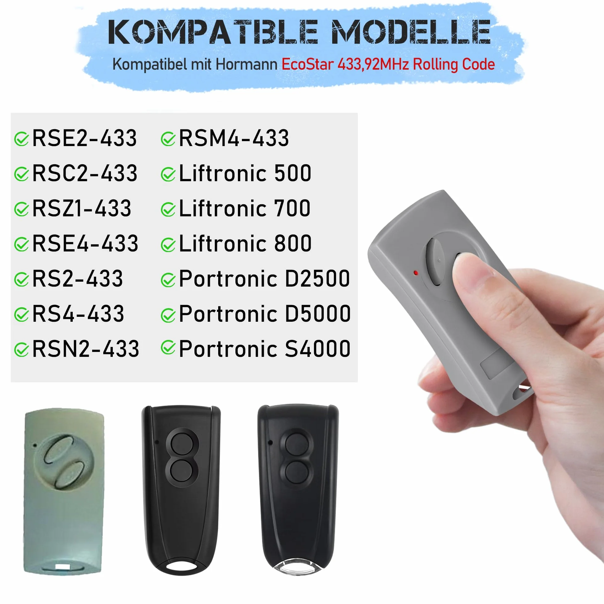 Telecommande Portail EcoStar RSE2-433 RSC2-433 RSZ1-433 Compatible Hormann Ecostar Liftronic TUBAUTO EuroPro 500-800 Portronic D2500 D5000 S4000 2 Pieces