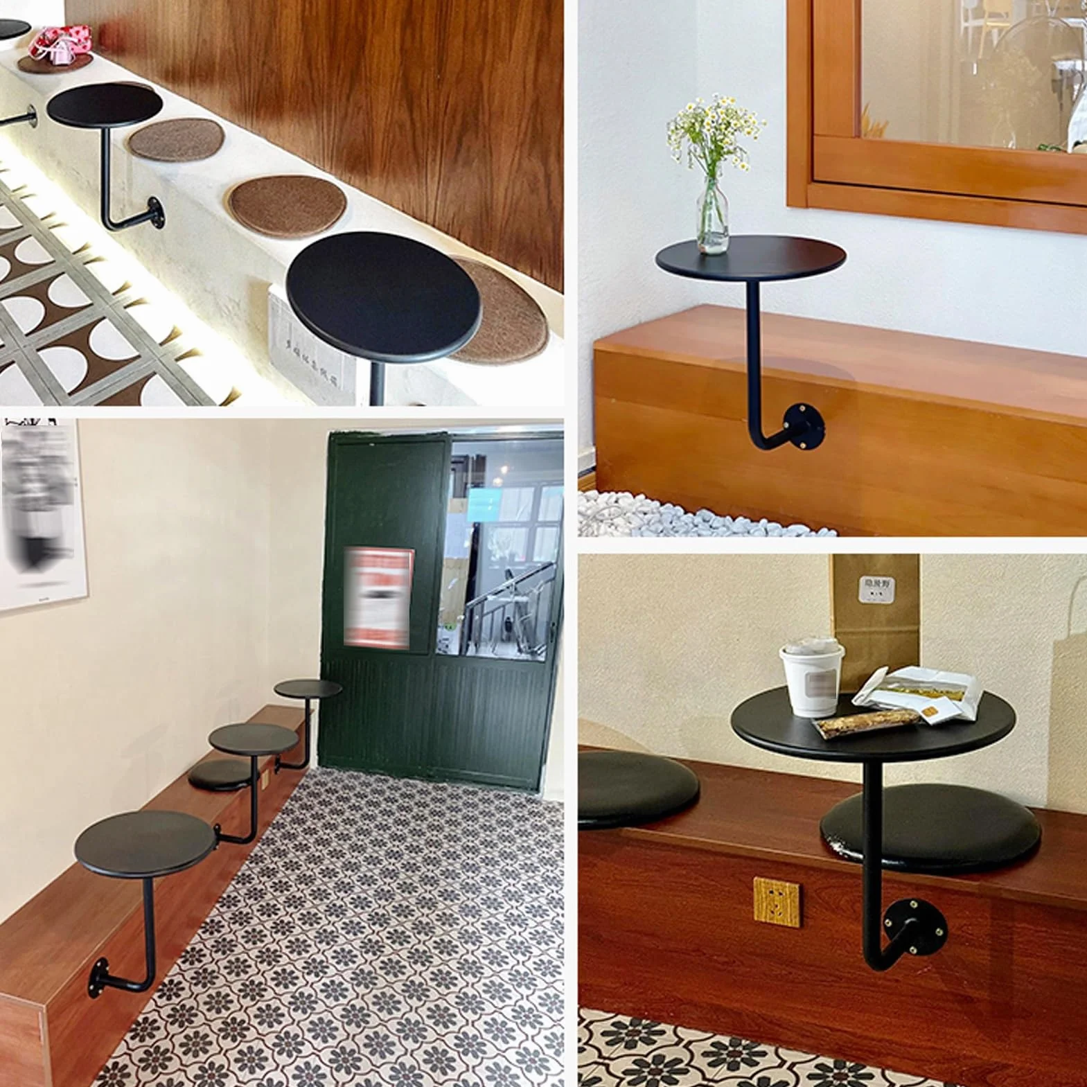 Petite Table de Bistrot Ronde Murale avec Étagères Flottantes, Métal Support en L pour Salon, Salle à Manger