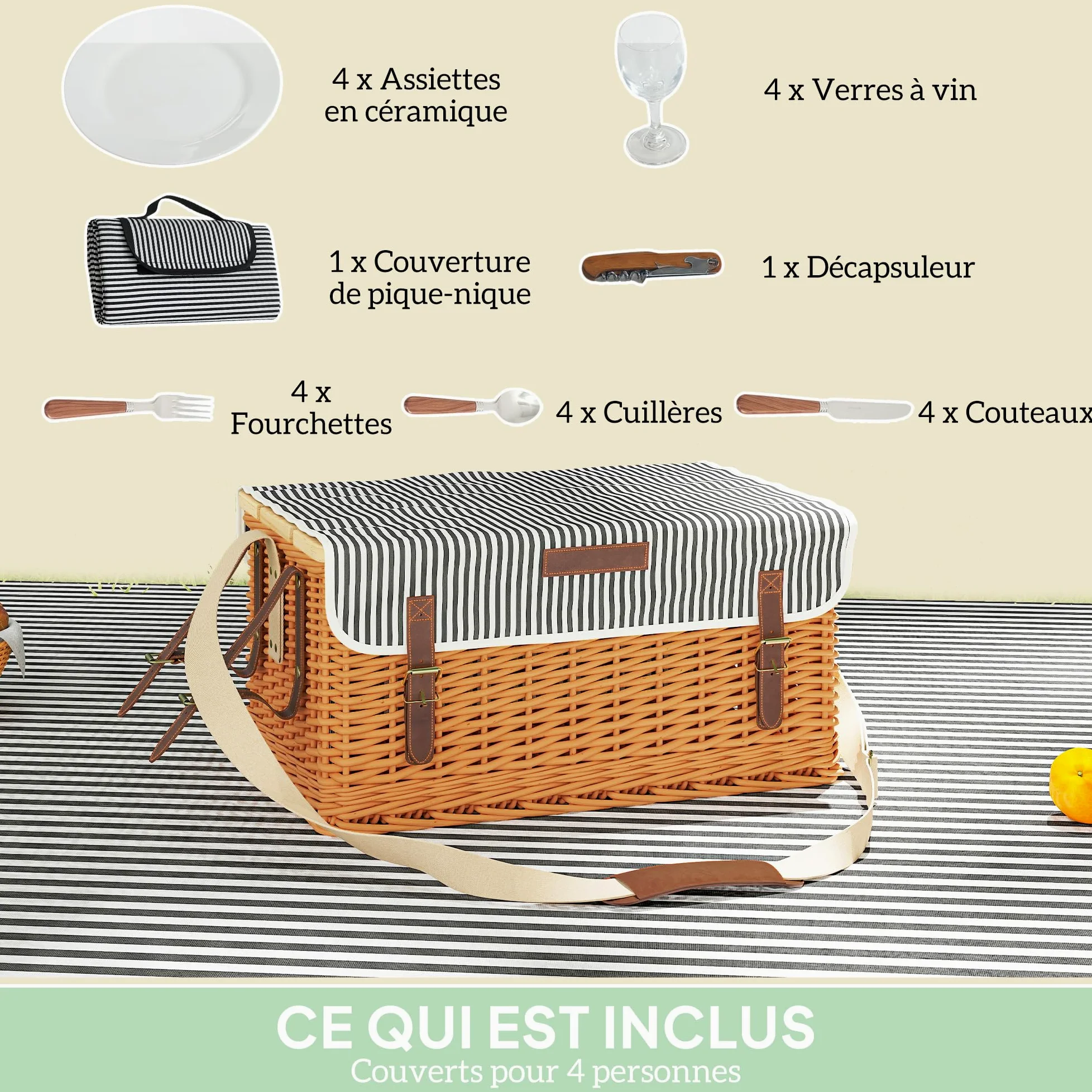 Outsunny Panier Pique-Nique en Osier 4 Personnes avec Table à vin en pin, Panier de Pique-Nique avec Sangle Ajustable pour extérieur, Camping, fête, Anniversaire, Noël, Marron Clair