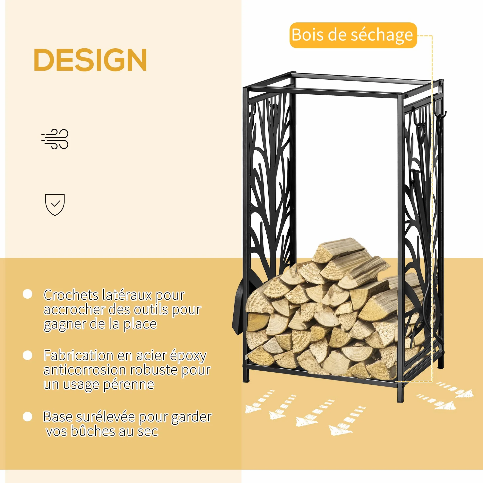 HOMCOM Porte bûches - Range bûches Serviteur de cheminée Arbre - Multi Accessoires étagère 46L x 29l x 70H cm Acier Noir