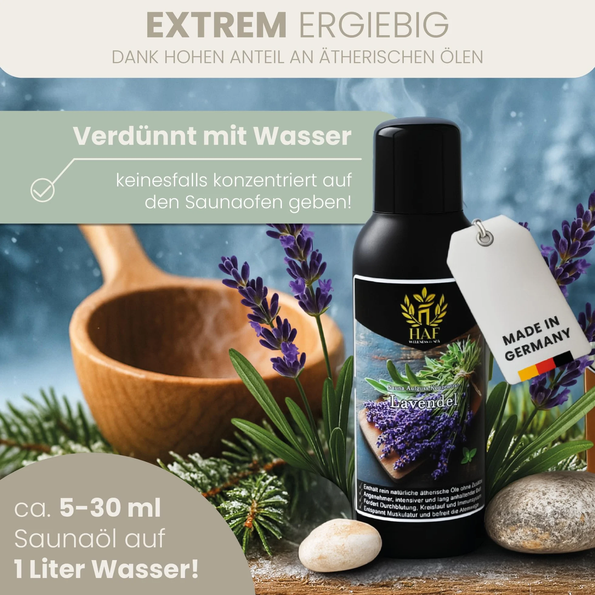 HAF Concentré d'infusion pour sauna Eucalyptus 250 ml | Huile de sauna aux huiles essentielles naturelles