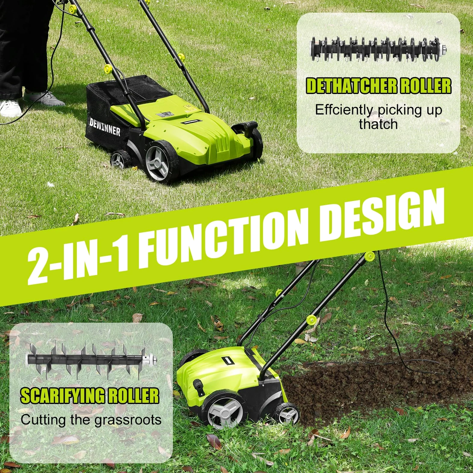 DEWINNER 1500W Scarificateur émousseur électrique, 2 en 1 Scarificateur AéRateur électrique, 3200 TR/Min, avec 2 Lames De Rechange Incluses, Bac Ramassage 30L, Profondeur Réglable-4 Profondeurs