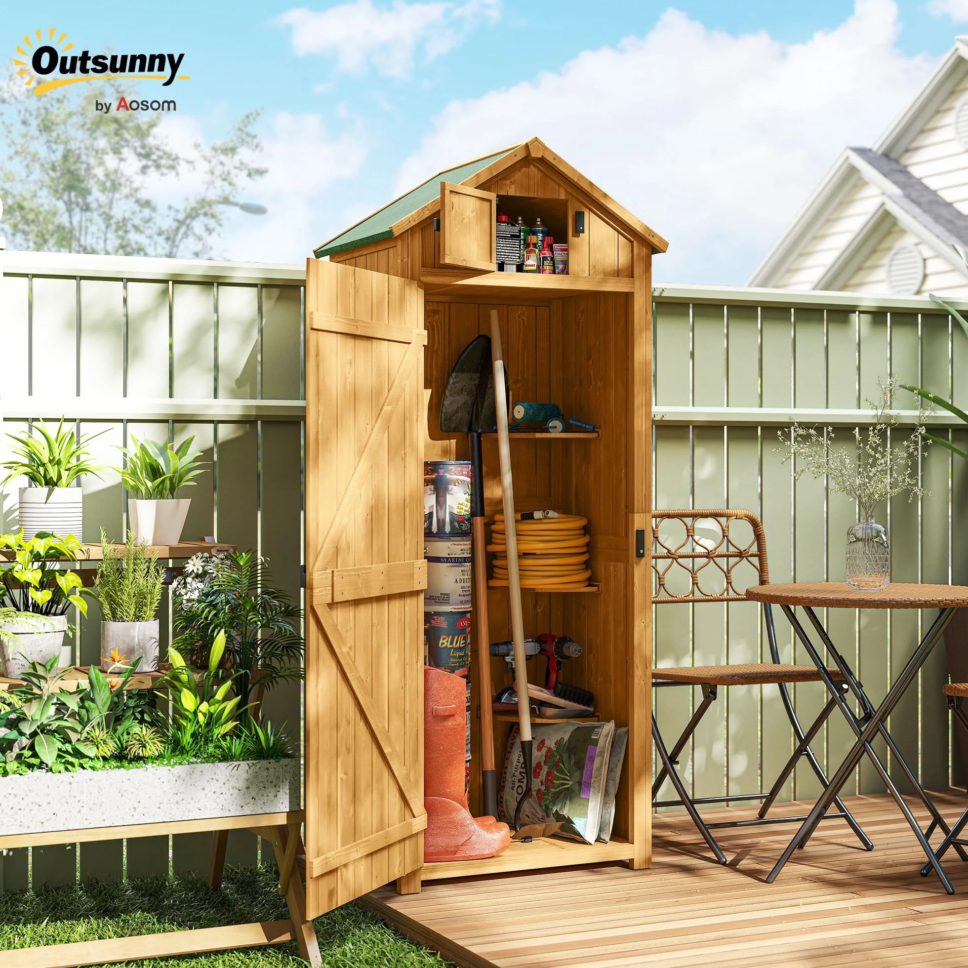 Outsunny Armoire de Jardin Bois 3 étagères 2 Portes 77x54x179 cm Jaune