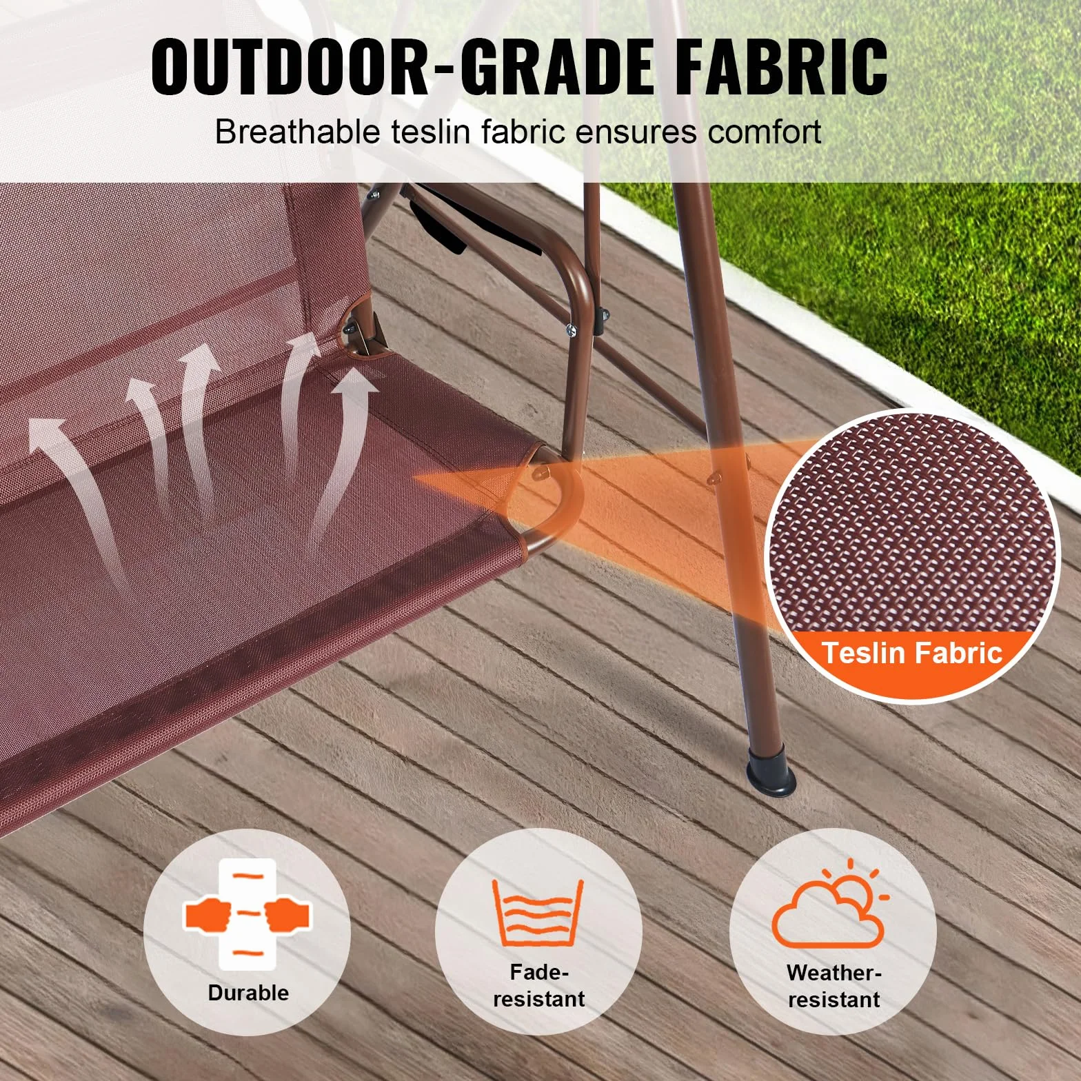 VEVOR Balancelle de terrasse pour 3 Personnes, balançoire avec auvent réglable de Porche, avec accoudoirs, Tissu Teslin, Cadre en Acier allié pour Balcon, Cour, Patio, Jardin, Bord de Piscine, Marron